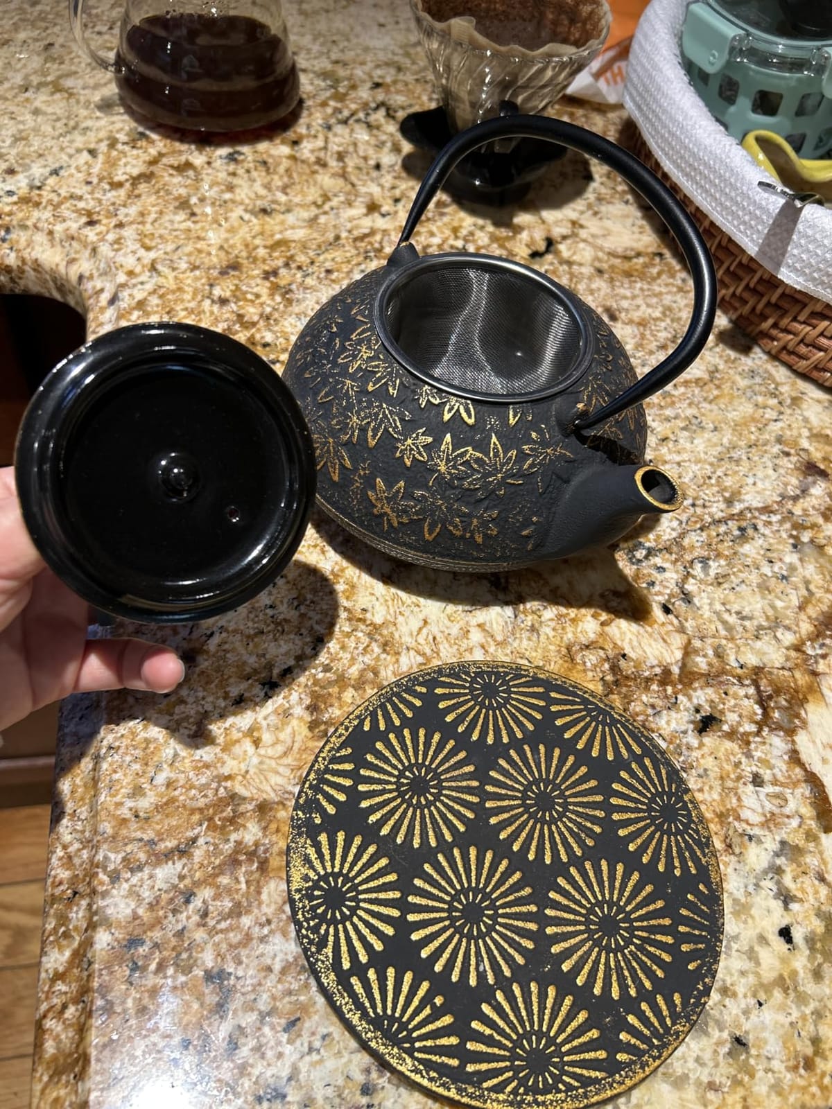 40 Oz Black Maple Leaf Cast Iron Teapot, Enamel Interior, Infuser & Trivet | 34 Oz Recommended Brewing Capacity Gas Electric Ceramic Halogen Induction Low-to-Medium Heat Gift Box customer photo 2