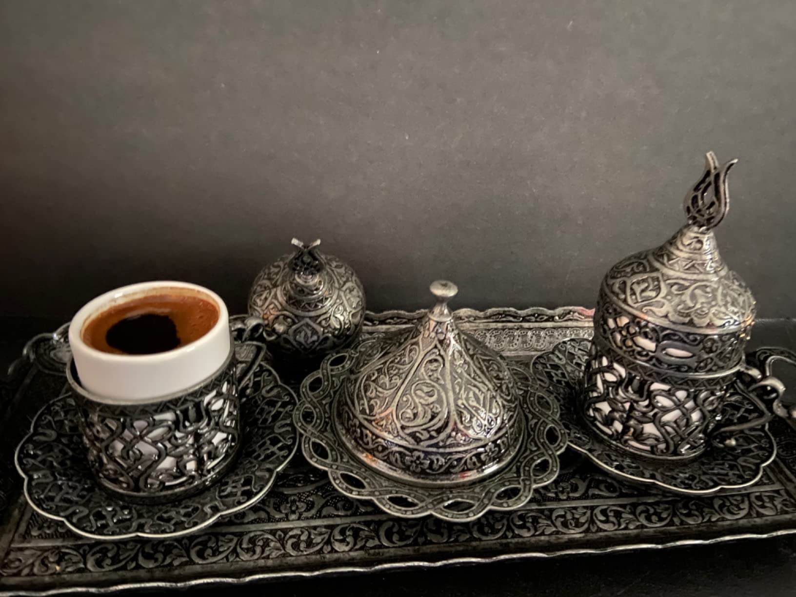 Alisveristime Turkish Coffee Set for Two - Authentic Ottoman Style Cups, Saucers, and Serving Tray with Lale Motifs (Acur) (Copper) customer photo 1