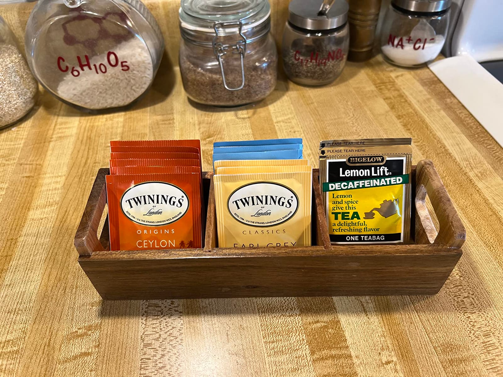 HTB Acacia Wood Small Tea Bag Box with 3 Compartments for Counter Drawer | Tea Bag Chest with Handle, Mini Countertop Divided Storage Container for Beverage Supplies, Sugar, Sweeteners customer photo 1