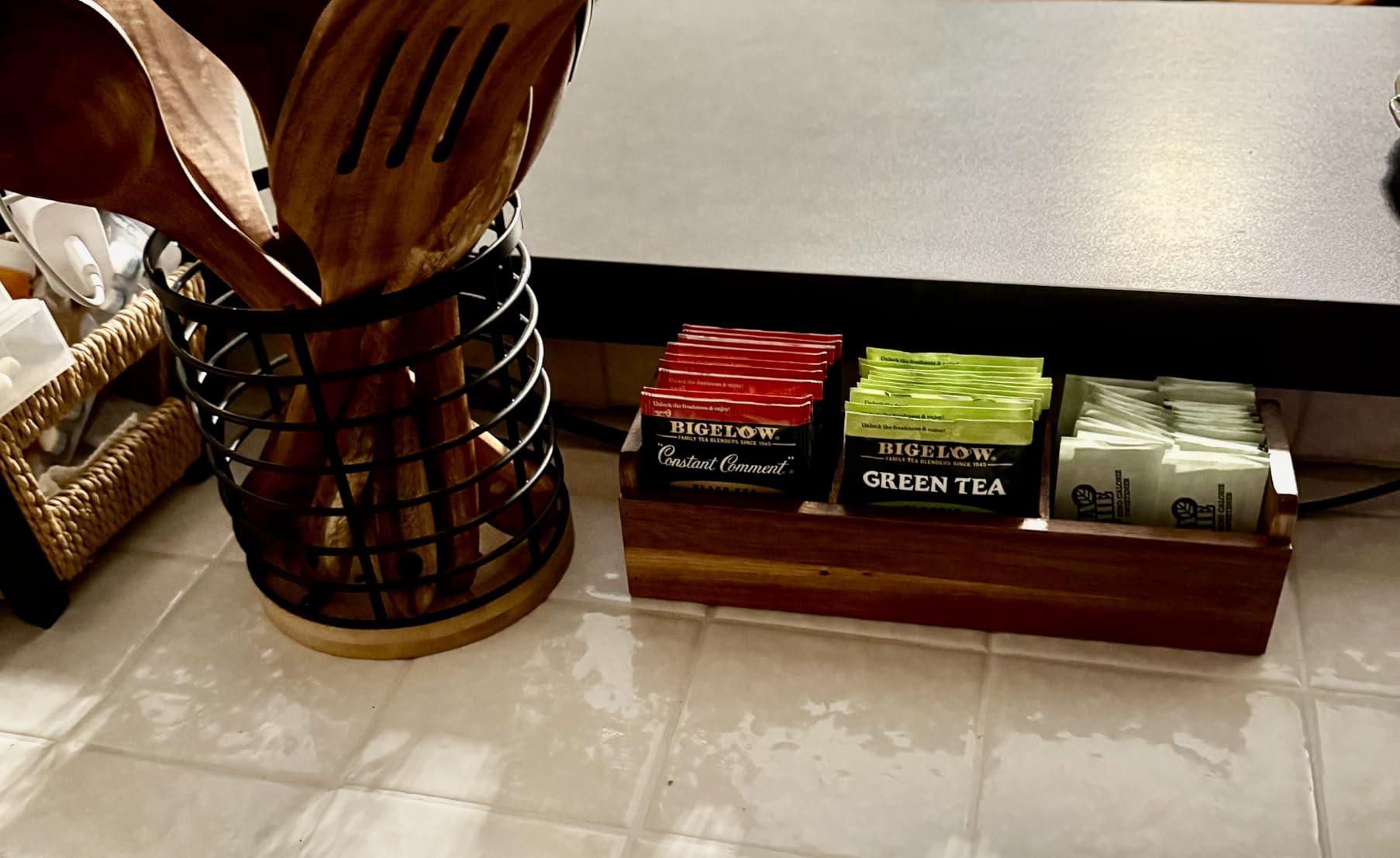 HTB Acacia Wood Small Tea Bag Box with 3 Compartments for Counter Drawer | Tea Bag Chest with Handle, Mini Countertop Divided Storage Container for Beverage Supplies, Sugar, Sweeteners customer photo 2