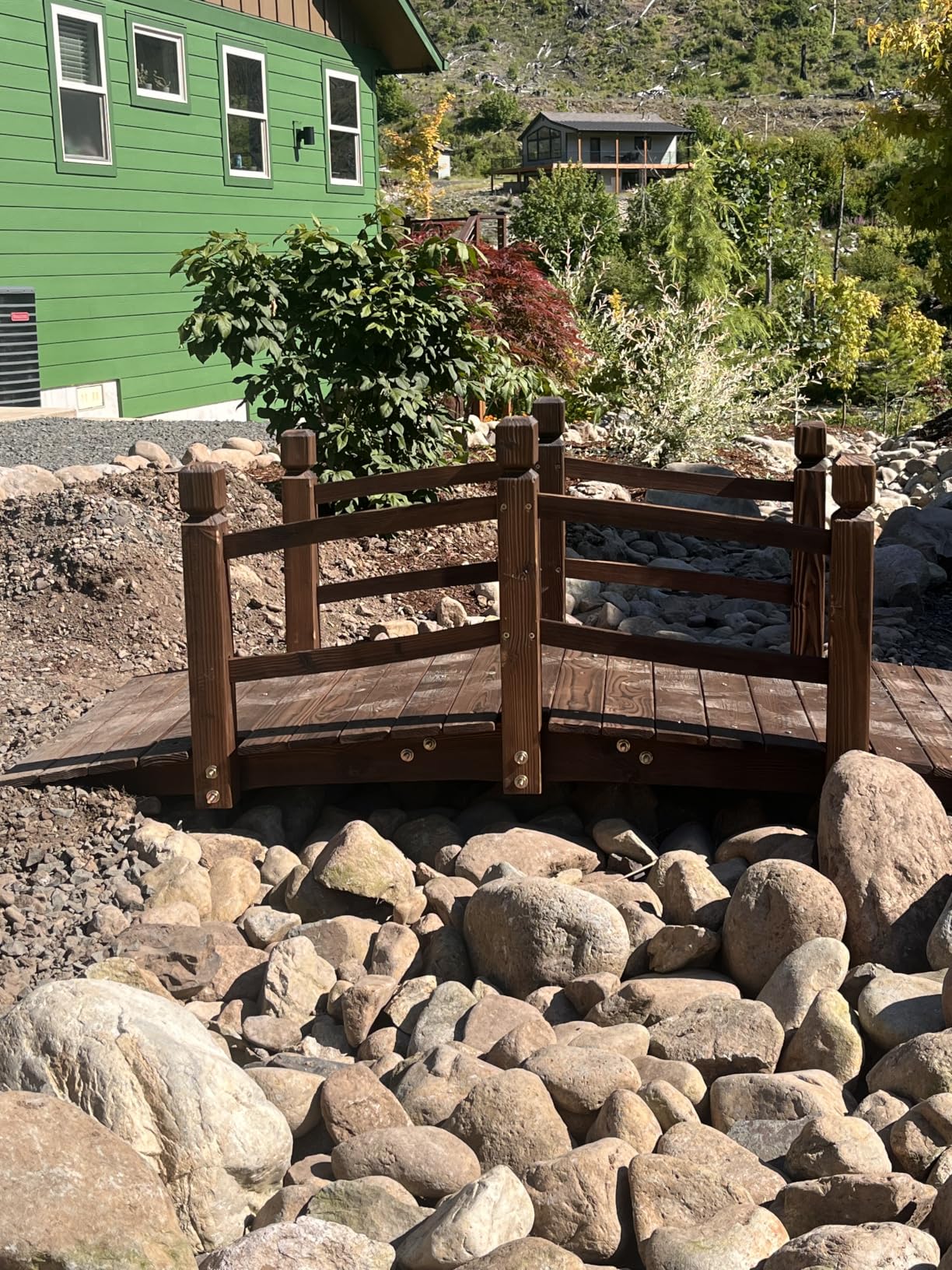 5FT Wooden Garden Bridge Arch Stained Finish Footbridge Decorative Backyard Bridge with Double Safety Railings Outdoor Lawn Pond Bridge Walkway for Garden Yard Patio Courtyard Farm Stream Creek customer photo 1