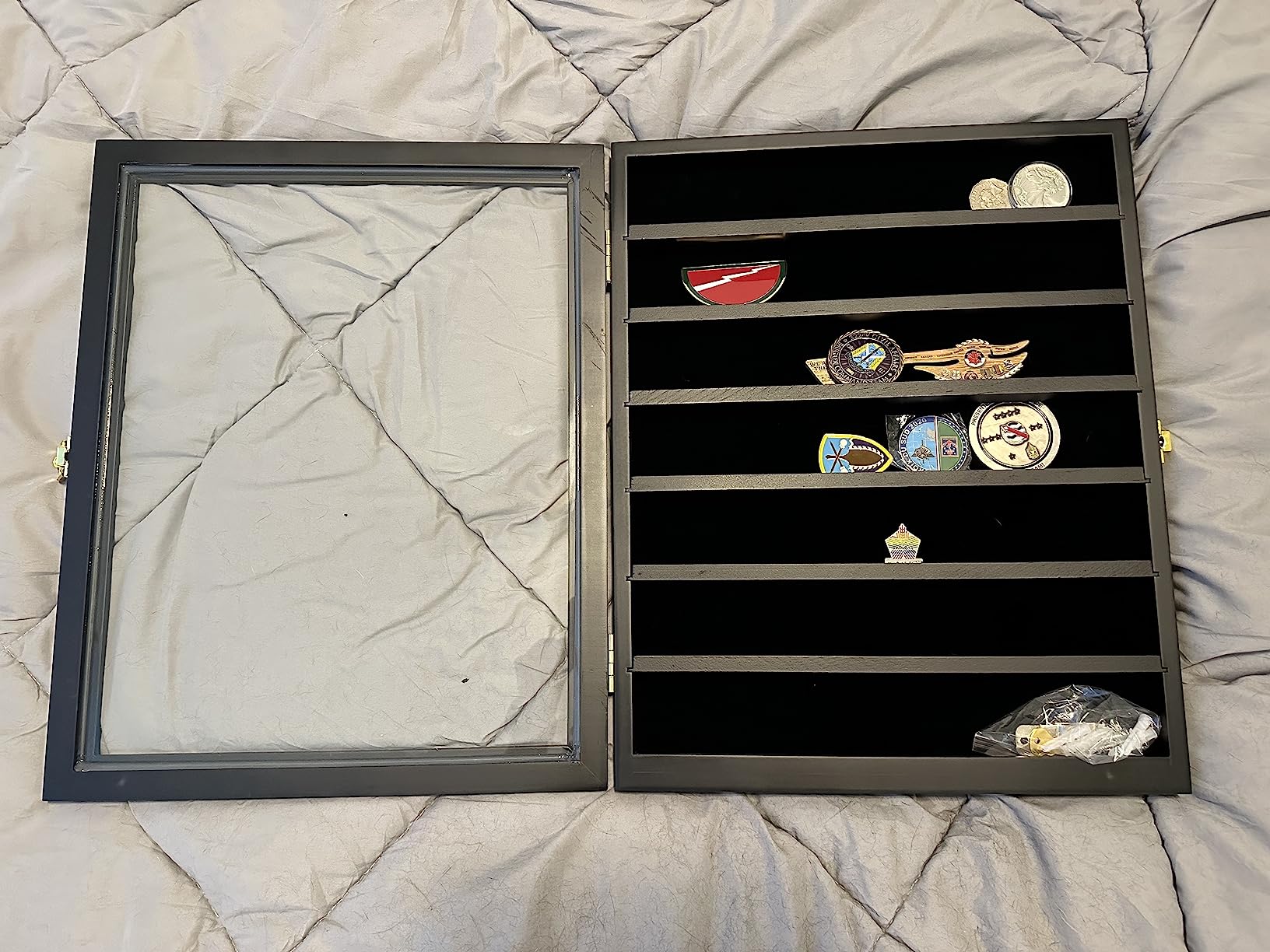 Military Challenge Coin Medals Pins Collector Display Case Lockable Cabinet | Wood Wall Mount Black Shadow Box with Removable Shelves and Pinnable Background for Badges Patches Insignia Ribbons Brooches customer photo 1