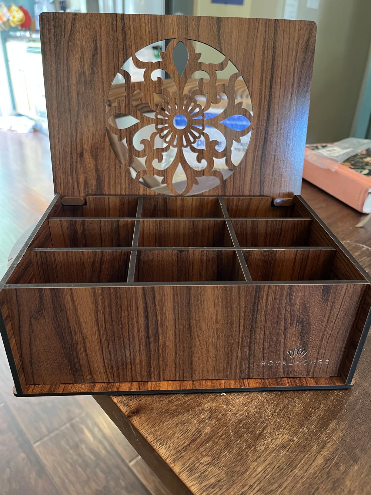 RoyalHouse Premium Wood Tea Storage Box Organizer, 9 Compartments Walnut | Eco Friendly Design, Decorative Storage Box, Multi Functional Organizer, Perfect for Tea Bags & Small Items customer photo 1