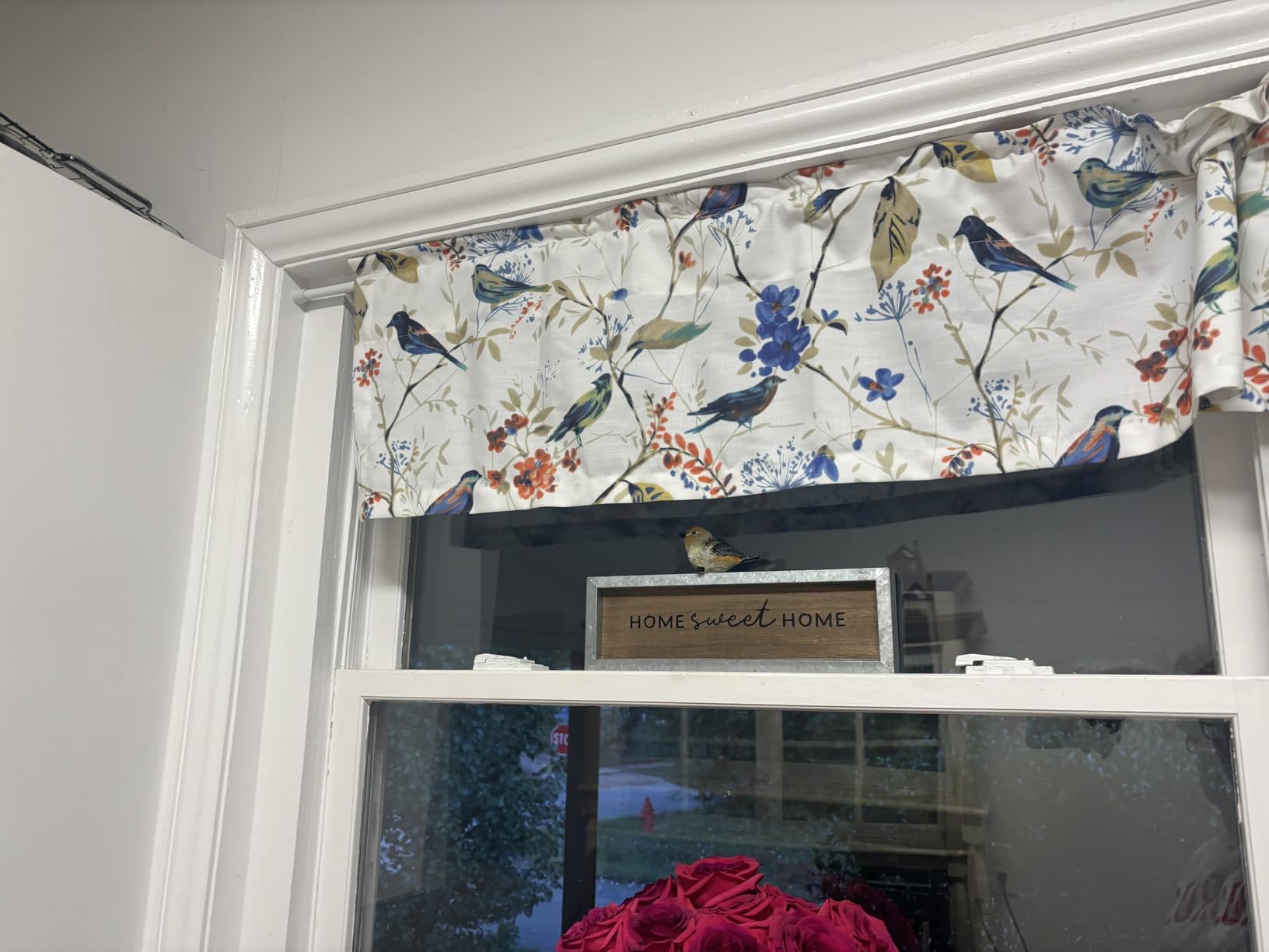 VOGOL Blue Valance Curtains for Living Room, Linen Textured Bird and Flower Print Window Treatment Rod Pocket Window Valances for Bathroom, 52 x 14, One Piece customer photo 1