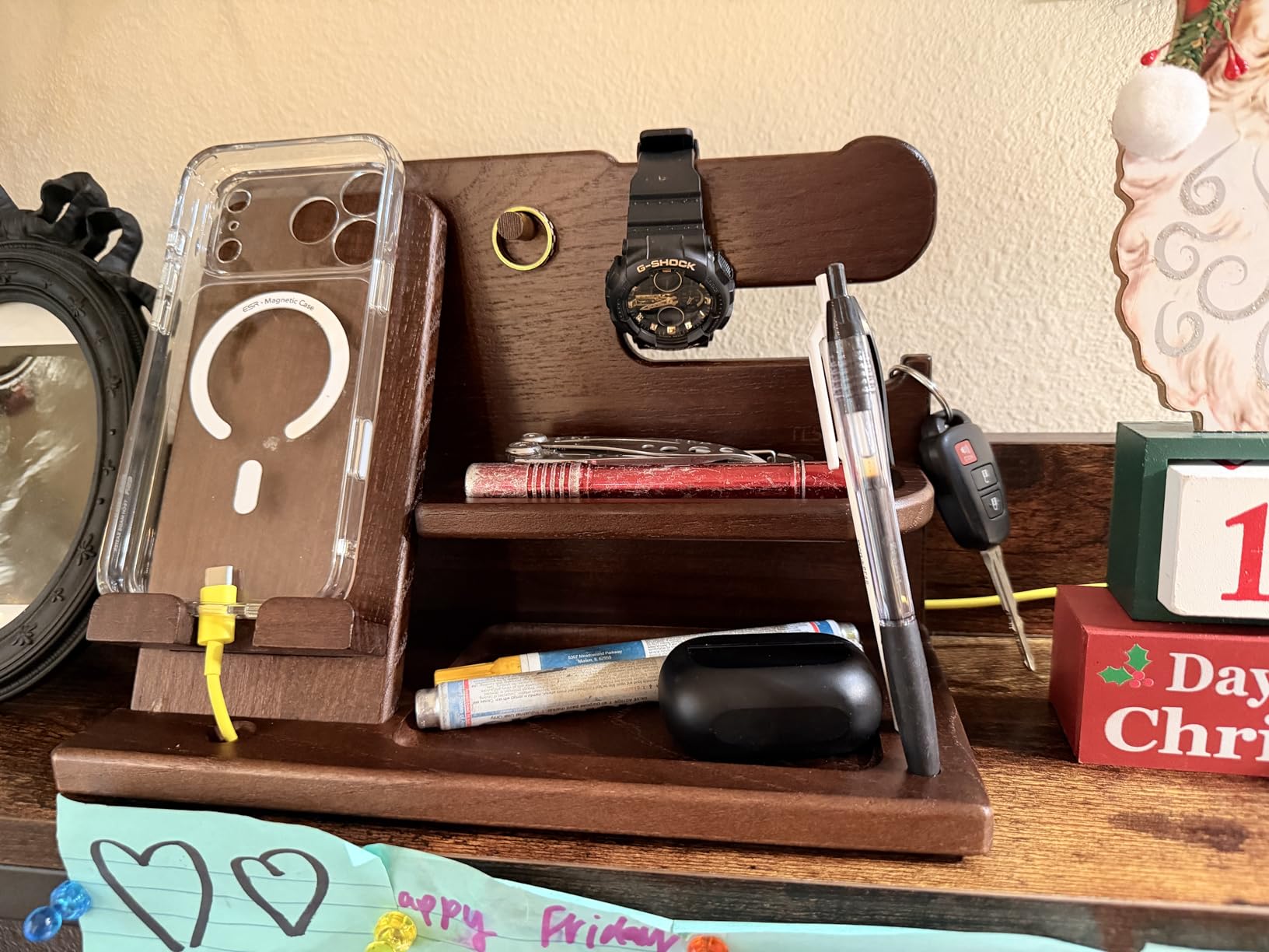 TESLYAR Wood Phone Docking Station for Men - Desk or Nightstand Organizer - Birthday Gifts for Husband, Dad - Anniversary Idea from Wife - Key Holder, Stand Wallet, Watch & Essentials (Bourbon Brown) customer photo 2