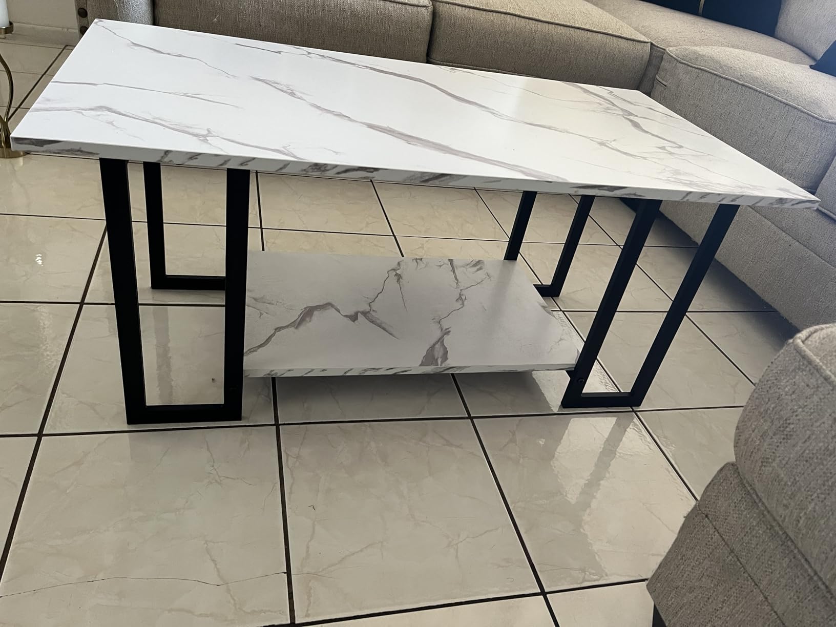 AWQM Marble Coffee Table, Faux Marble Top Rectangular Coffee Table with Black Metal Frame, 2 Tier Living Room Table for Living Room, Office, Balcony, White, 40 Inch customer photo 2