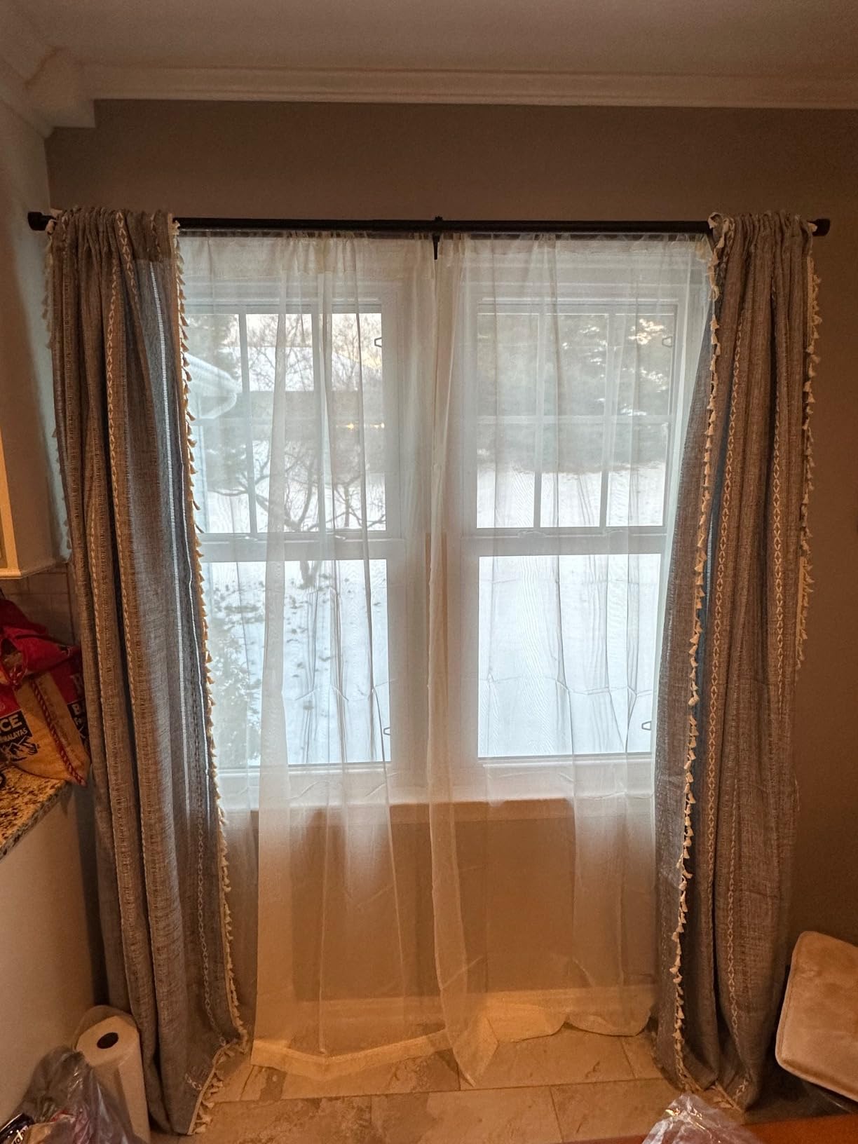 RoomTalks Boho Kitchen Valances for Windows Embroidered French Striped Farmhouse Vintage Chic Textured Tassel Curtain Valances for Bathroom Living Room Bohemian Decor (18''L x 52''W, Blue) customer photo 1