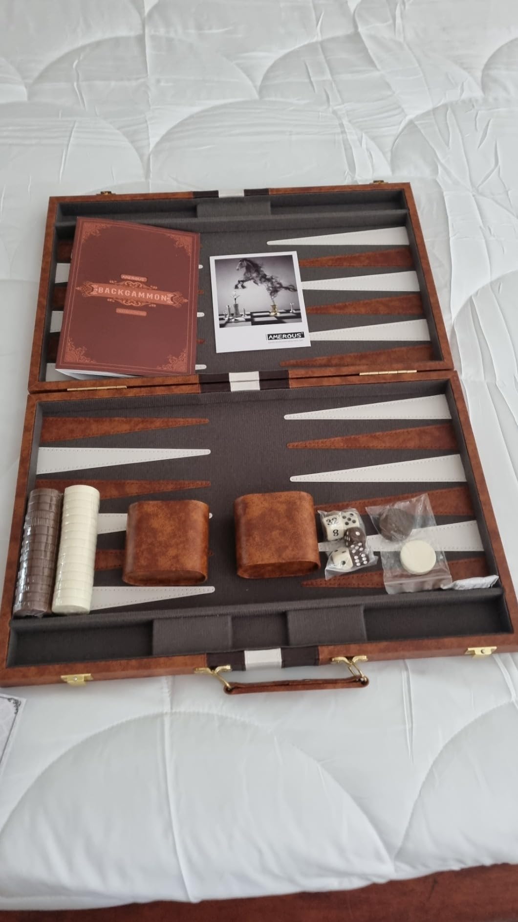 AMEROUS Backgammon Set, 15 Inches Classic Board Game with Leather Case, Folding Board, Gift Package, Portable Travel Strategy Backgammon Game Set for Adults, Kids (Medium, Brown) customer photo 2
