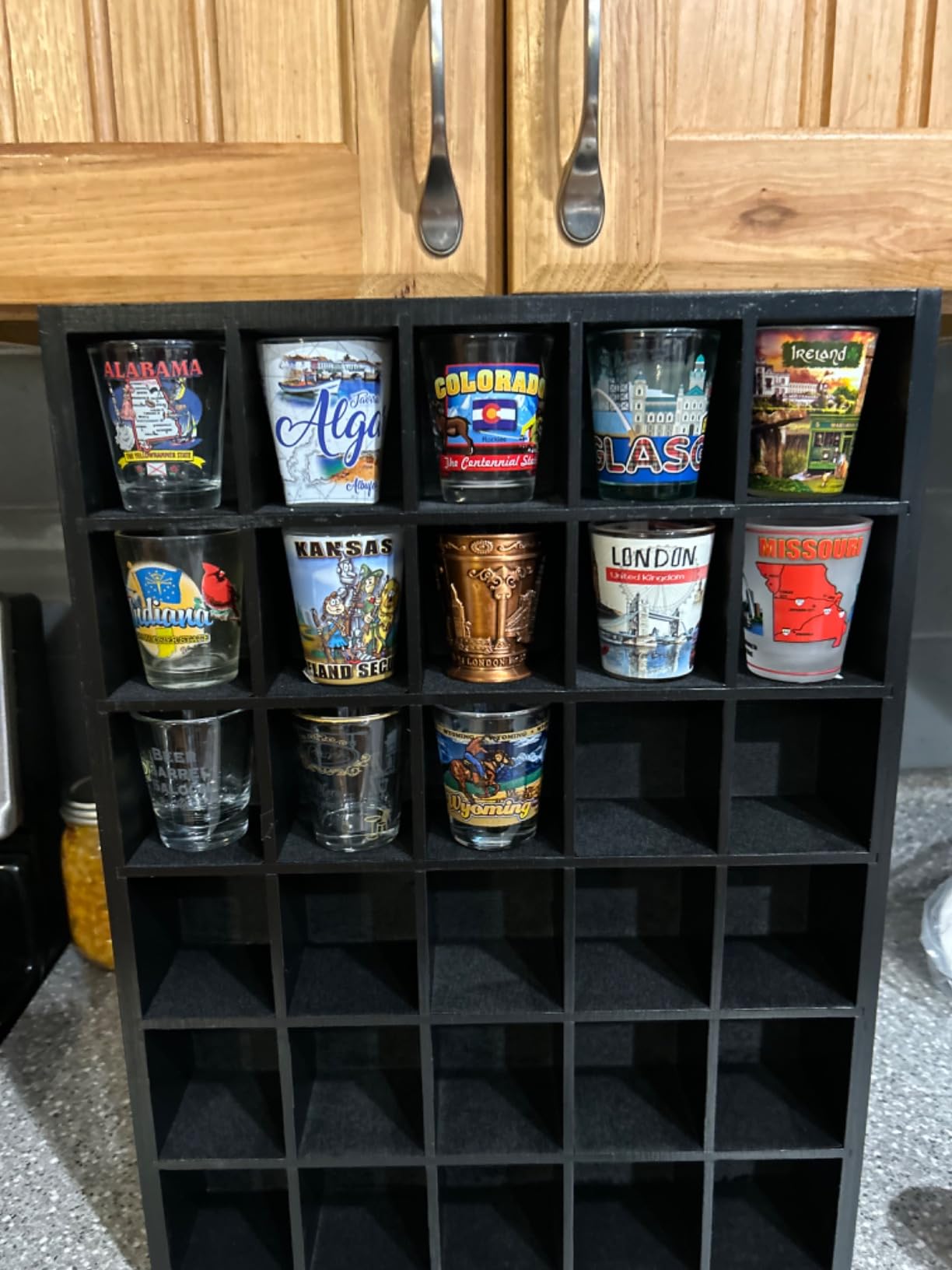 Shot Glass Display Case Holds 30 Glasses 16.7 x 12.2 - 2.52 x 2.13 Openings | Black Wood customer photo 1
