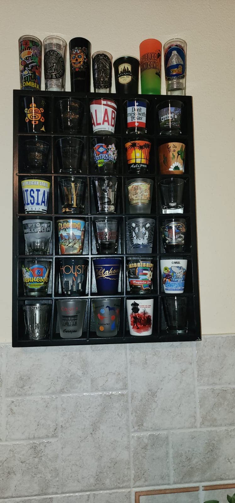 Shot Glass Display Case Holds 30 Glasses 16.7 x 12.2 - 2.52 x 2.13 Openings | Black Wood customer photo 2