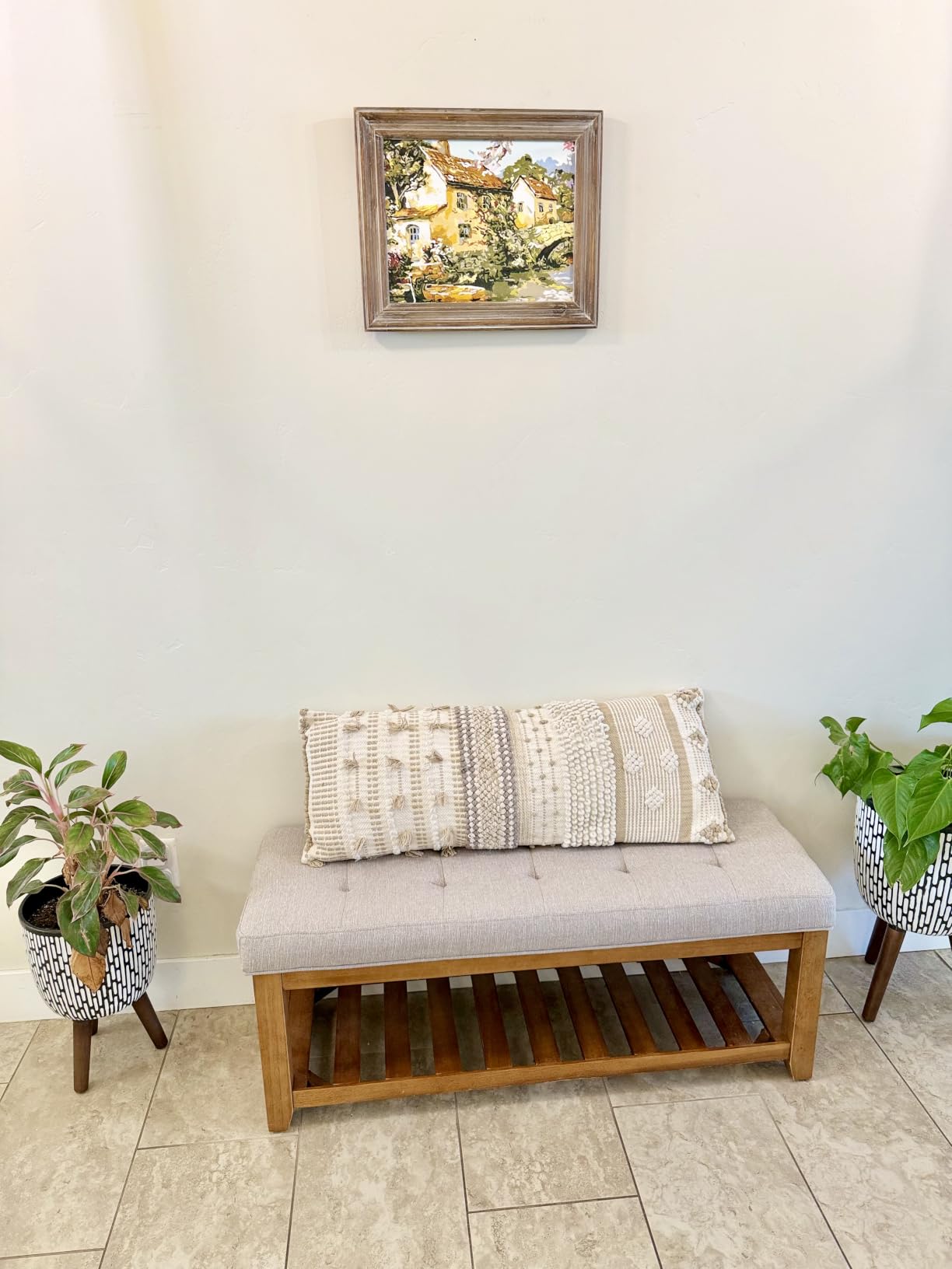 24KF Large Rectangular Upholstered Tufted Linen Fabric Ottoman Bench, Padded Bench with Solid Wood Shelf-Linen customer photo 1