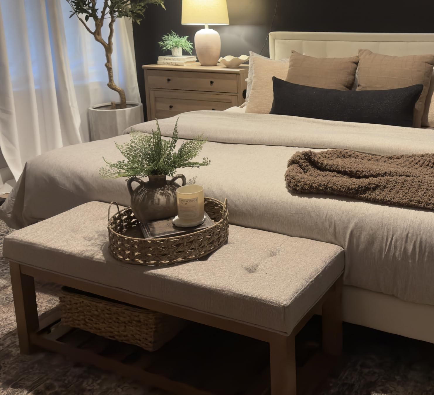 24KF Large Rectangular Upholstered Tufted Linen Fabric Ottoman Bench, Padded Bench with Solid Wood Shelf-Linen customer photo 2