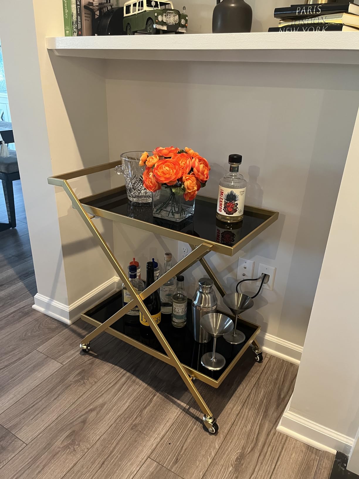 Crofy Gold Finish Bar Cart on Wheels, No-Tool Assembly 2-Tier Serving Cart with Black Tempered Glass Shelves & Locking Casters - Mobile Snack/Drink Cart for Home Bar, Kitchen, Parties customer photo 1