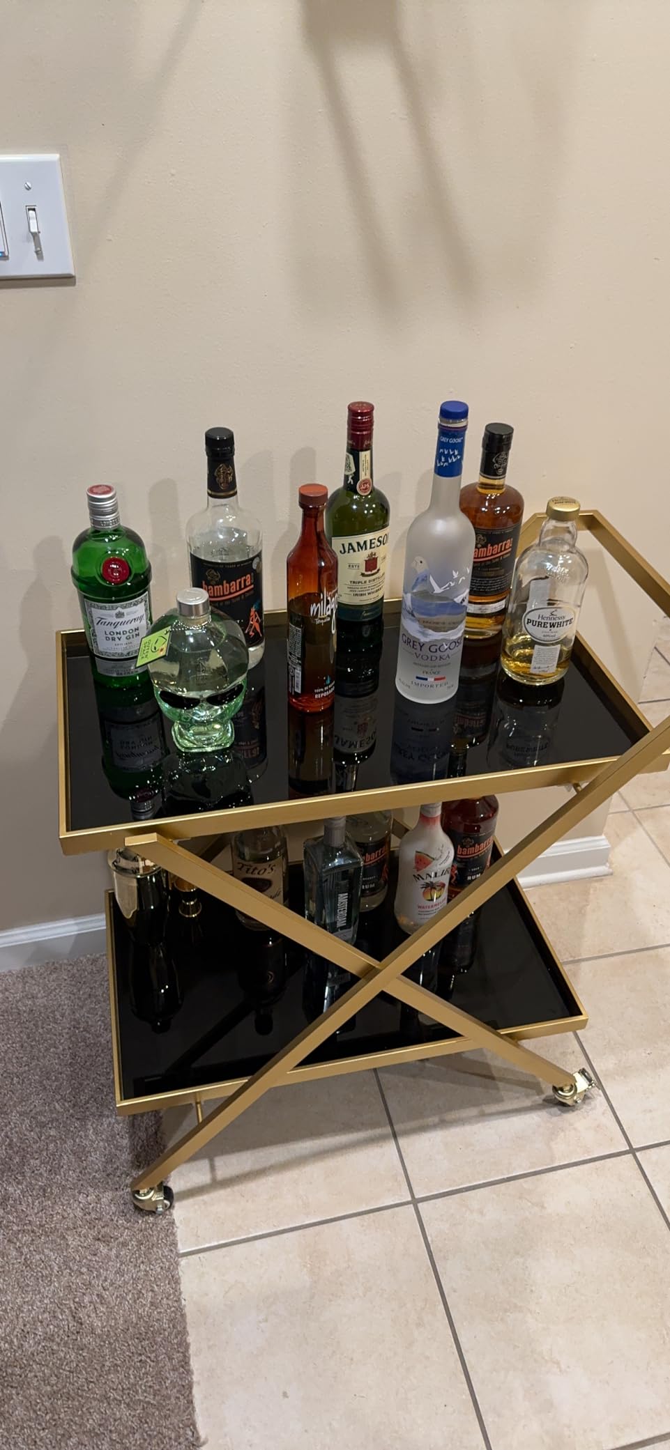 Crofy Gold Finish Bar Cart on Wheels, No-Tool Assembly 2-Tier Serving Cart with Black Tempered Glass Shelves & Locking Casters - Mobile Snack/Drink Cart for Home Bar, Kitchen, Parties customer photo 2