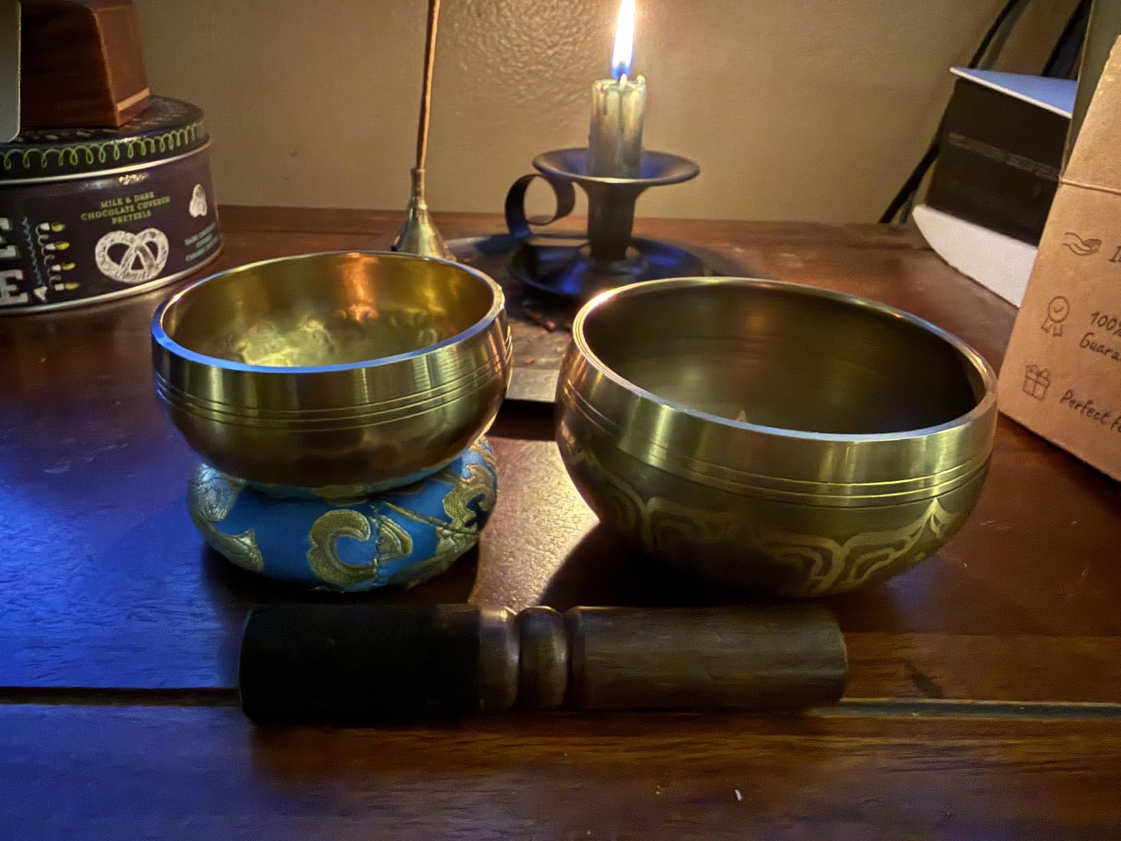 Relaehih 2-Pack Tibetan Singing Bowls Set - 100% Handmade in Nepal, Sound Bowl Meditation Set for Yoga, Chakra Healing, Meditation Gifts, Unique Gifts for Women (Blue, 3.15 + 4 inch) customer photo 1
