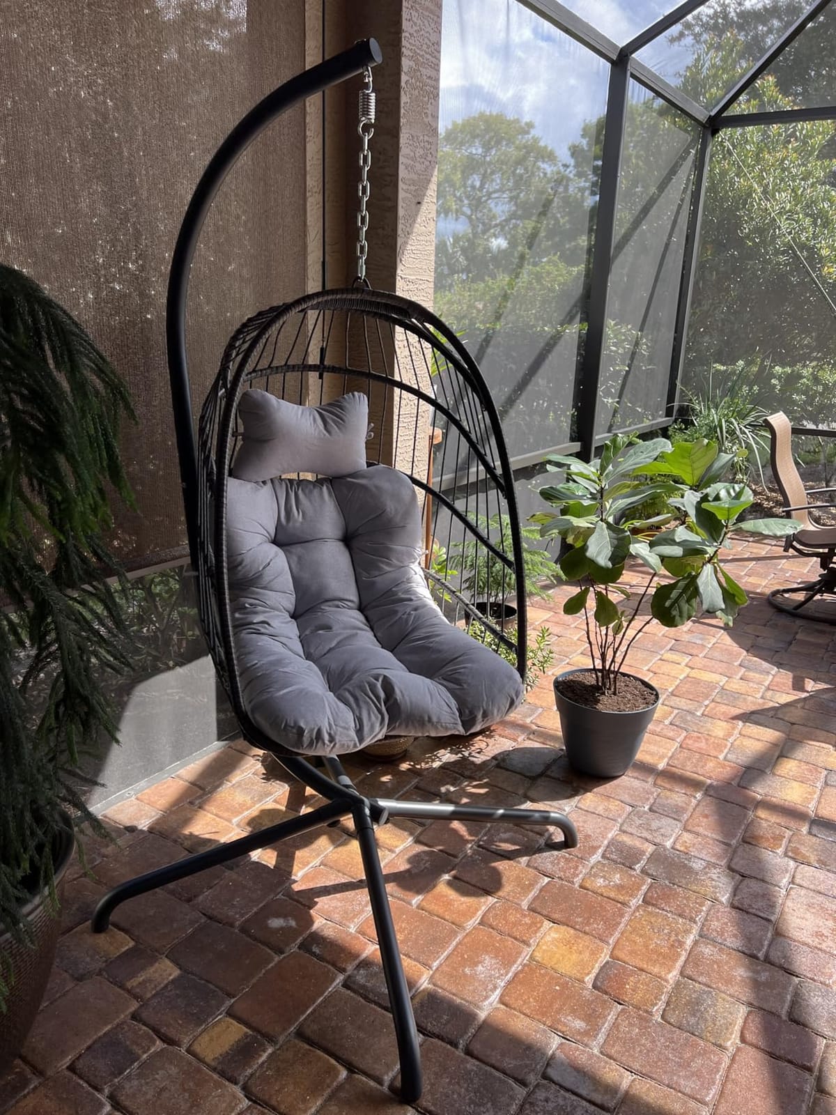 NICESOUL Hanging Egg Chair with Stand Indoor Outdoor, Comfy Patio Rattan Swing Hammock Chairs with Cushion, 350lbs Capacity Egg Shaped Chair for Lawn Backyard Balcony Bedroom, Birthday Gift, Beige customer photo 1