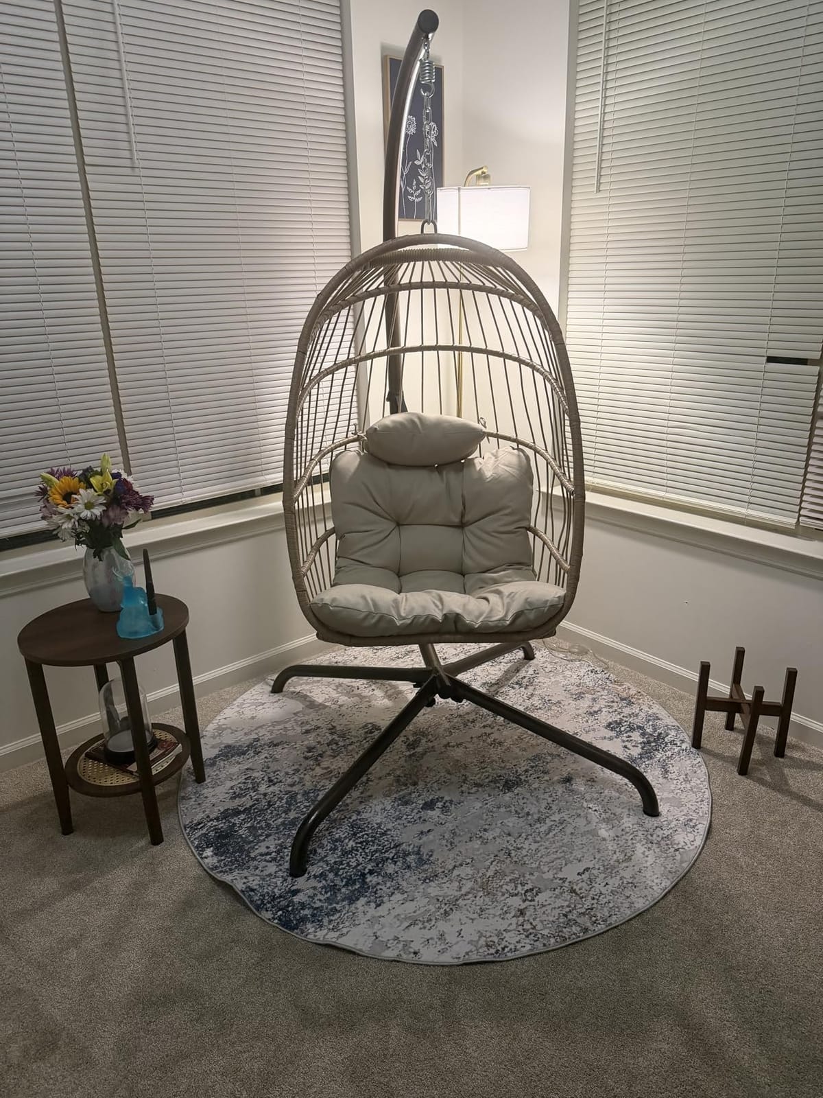 NICESOUL Hanging Egg Chair with Stand Indoor Outdoor, Comfy Patio Rattan Swing Hammock Chairs with Cushion, 350lbs Capacity Egg Shaped Chair for Lawn Backyard Balcony Bedroom, Birthday Gift, Beige customer photo 2