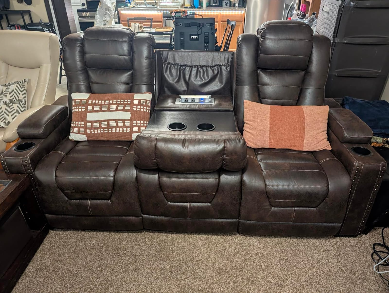 Signature Design by Ashley Faux Leather Power Reclining Sofa, Slate | 15-minute assembly, Zero gravity reclining couch, Drop-down table, Wireless charging, Power headrest, Next-Gen series customer photo 2