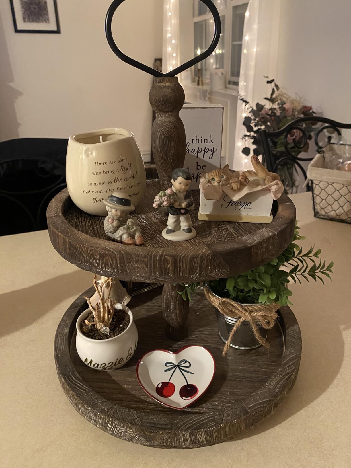 Mustry Rustic Wooden 2 Tiered Tray, Round Farmhouse Kitchen Table Decor Serving Tier Tray, Food Fruits Cupcake Display Coffee Bar Home Party Seasonal Decorations (Brown) customer photo 1