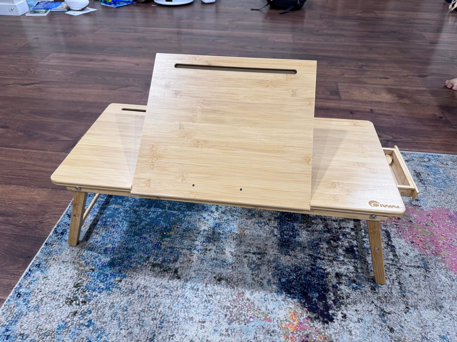 Lap Desk COIWAI Laptop Table Bamboo Writing Eating Bed Tray Adjustable Angle Height Foldable Desk Tray with Tablet Slot Drawer Breakfast Coffee Tea Table for Sofa Couch Floor Large Size customer photo 2