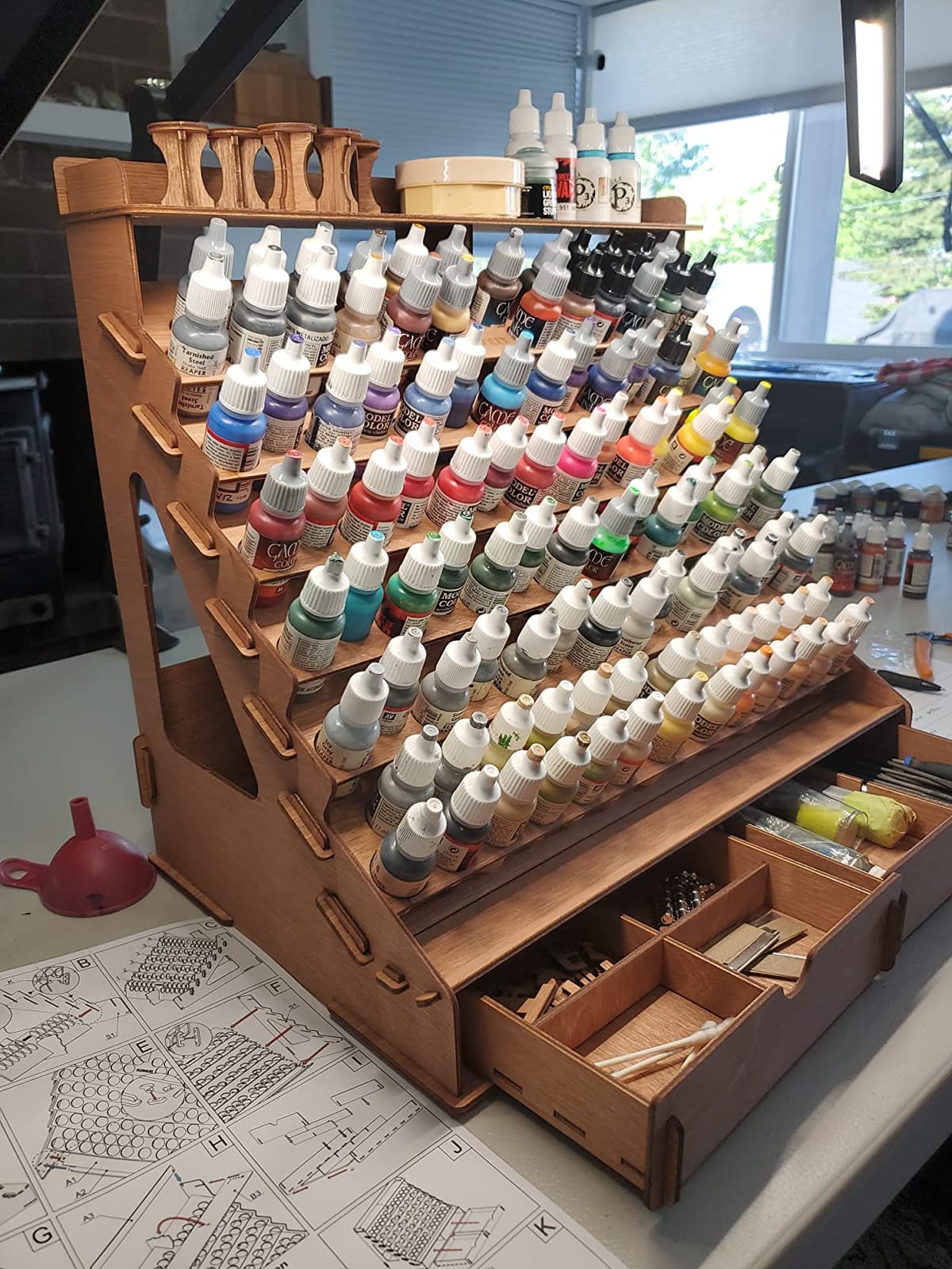 Plydolex Plywood Storage Rack - 105 Bottle Holes for 17ml Vallejo Paints, 14 Paintbrush Slots, 6 Miniature Stands, 2 Drawers, a Shelf & a Brush Tray customer photo 2