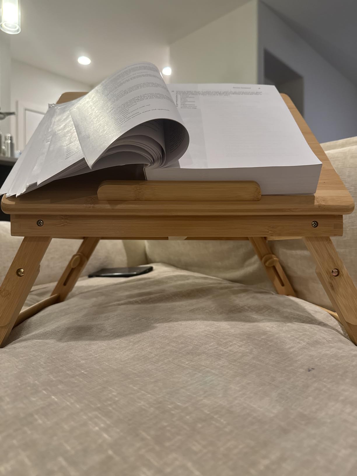 WKWKER Bamboo Laptop Desk with Folding Legs Tilting Surface Workstation Table Adjustable Laptop Stand Bed Tray for tv Sofa Study Computer Ipad Book (Natural) customer photo 2