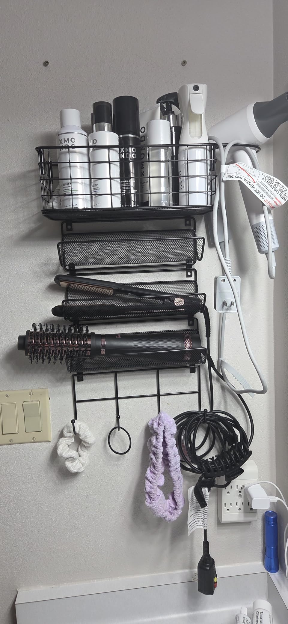 Wall-Mounted Hair Dryer Holder Styling Tool Organizer 4-Shelf Storage Wire Basket with Hook Heat Safe Rack for Hair-Straighteners,Curling Wands,Flat Iron,Perfume,Cabinet Door Bathroom Kitchen customer photo 1