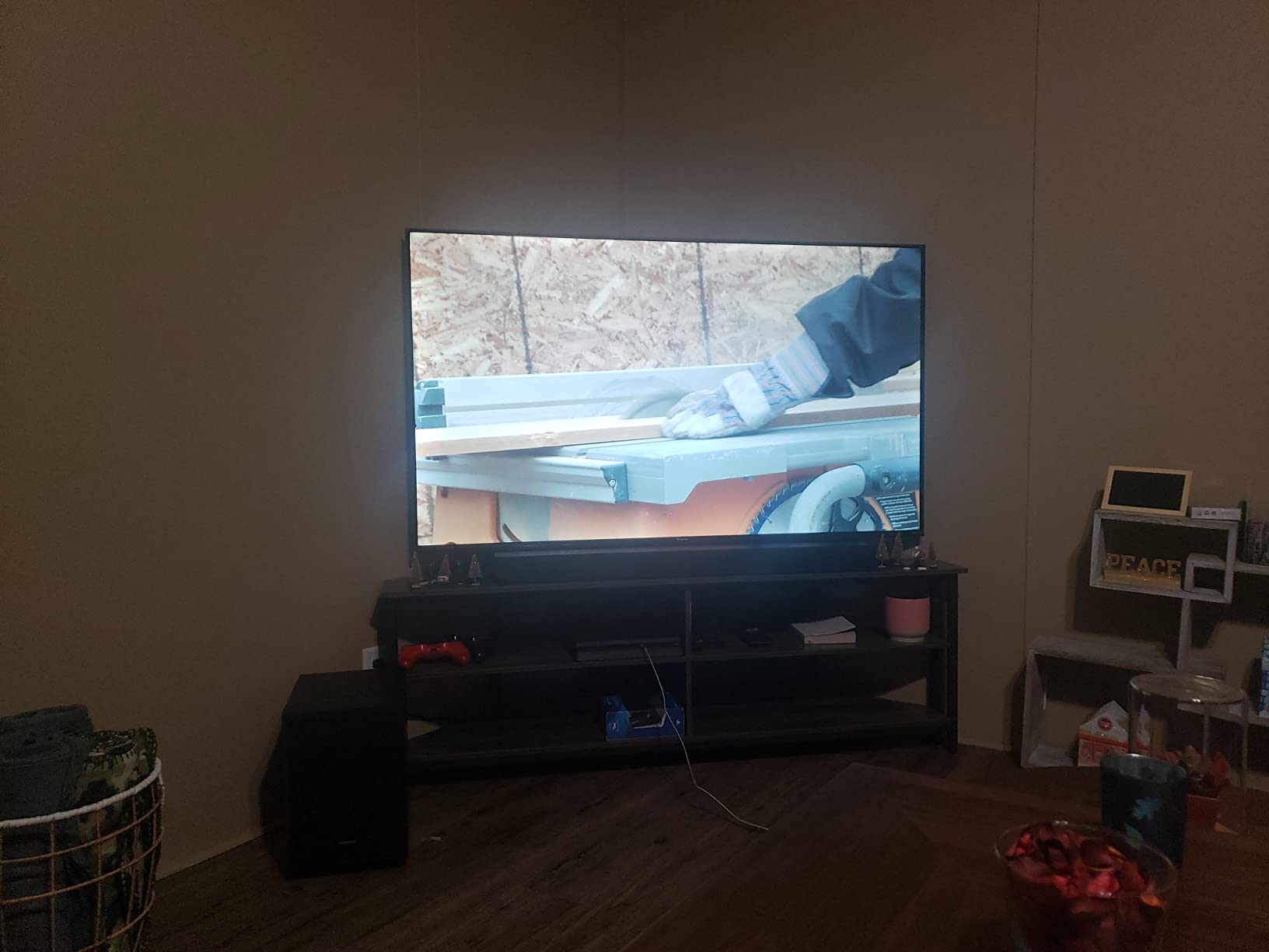 Unikito 55'' Corner TV Stand with Power Outlet, Corner Entertainment Center TV Console Table with 4 Open Storage Shelves, Metal Frame for Living Room, Bedroom, Industrial 60'' Corner TV Stand, Rustic customer photo 1