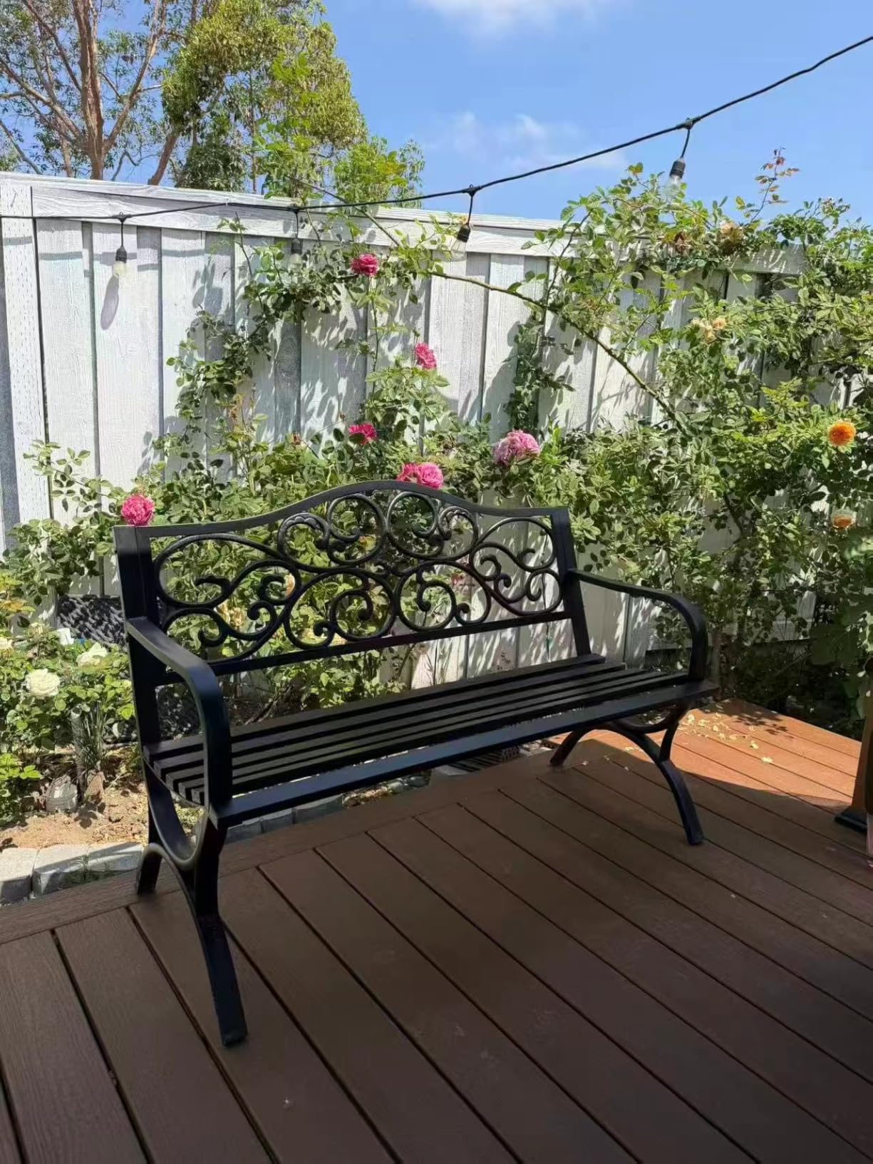 MFSTUDIO 50 Inches Outdoor Garden Bench Cast Iron Metal Frame, Floral Black | E-Coating Anti-Rust Finish, Weatherproof Outdoor Bench for Patio, Porch, Front Door, Park, Up to 550 Lbs for 2-3 People customer photo 2