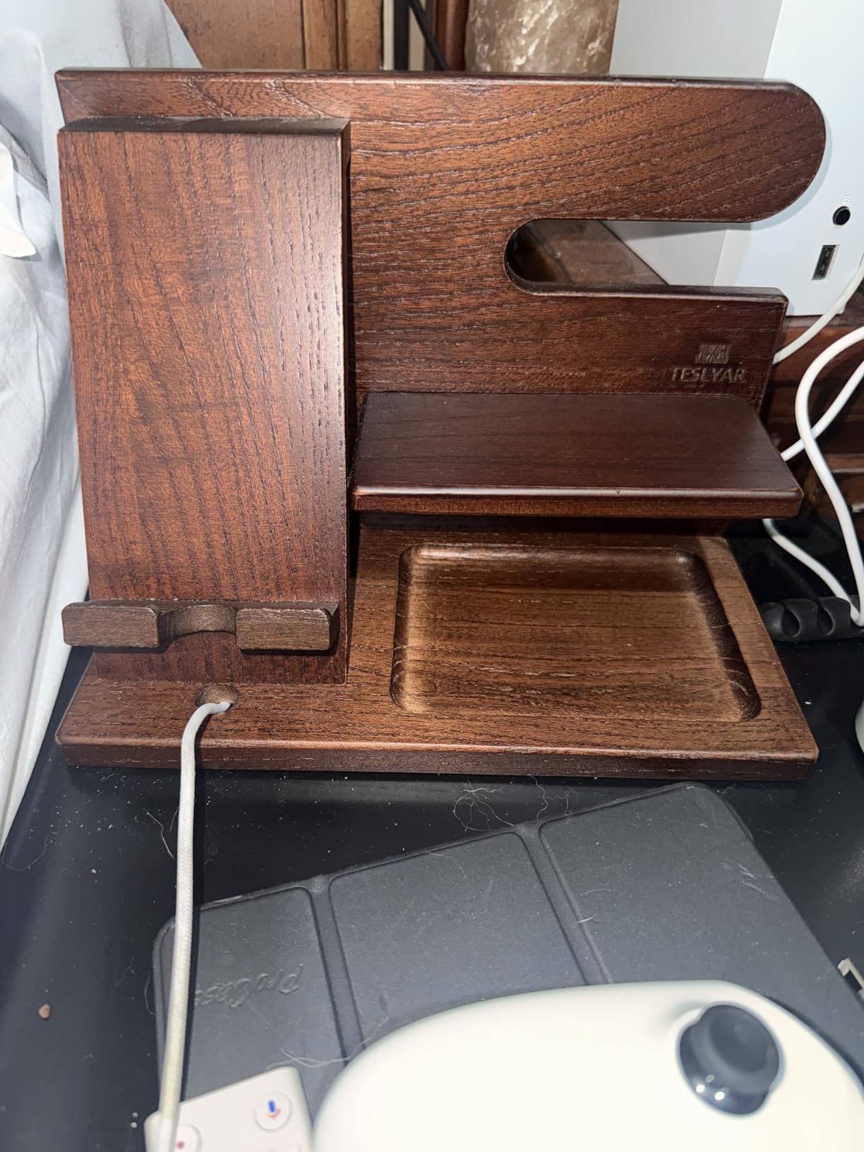 TESLYAR Wood Phone Docking Station for Men - Desktop or Nightstand Organizer - Birthday Gifts for Men, Dad - Anniversary Idea from Wife - Key Holder, Stand Wallet, Watch & Essentials (Bourbon Brown) customer photo 2