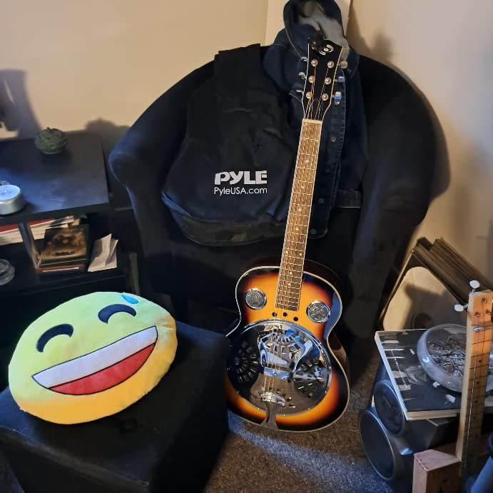 Pyle Resophonic Resonator Acoustic Electric Guitar - 6 String Round Neck Sunburst Mahogany Traditional Resonator w/ Built-in Pre Amplifier, Case Bag, Strap, Steel Strings, Tuner, Picks customer photo 1