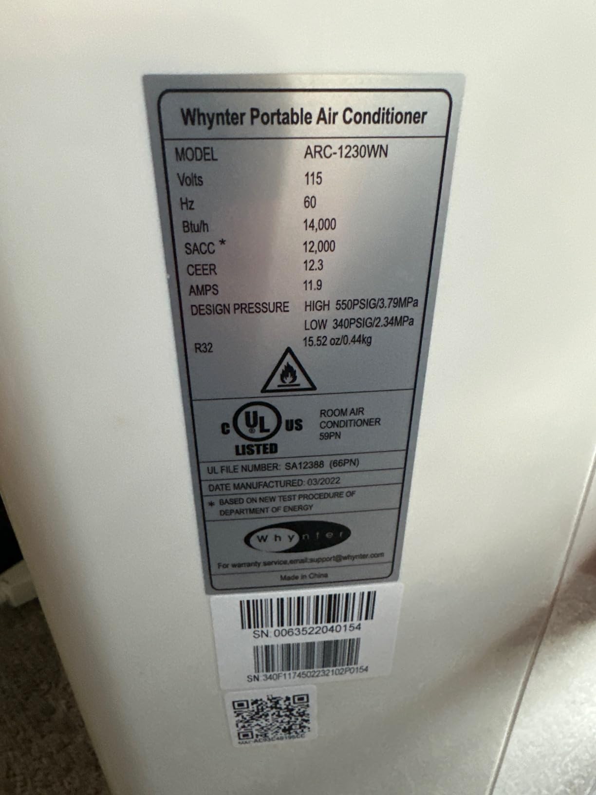 Whynter ARC-1030WN Portable Air Conditioner Inverter 12000 BTU Smart Wi-Fi Dual Hose customer photo 1