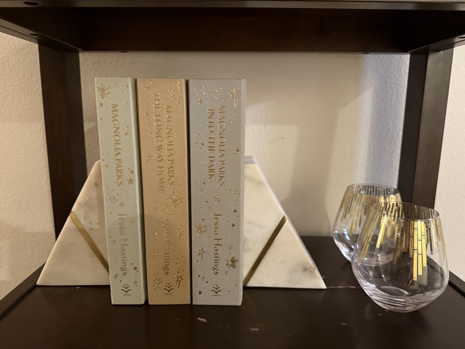 Marble Bookends Handcrafted Heavy Marble Triangular Bookshelf Decor Brass Inlay Set of 2 Decorative Bookends Book Stoppers with Non-Skid Bottom Solid Home Kitchen Office Shelves Triangle customer photo 1