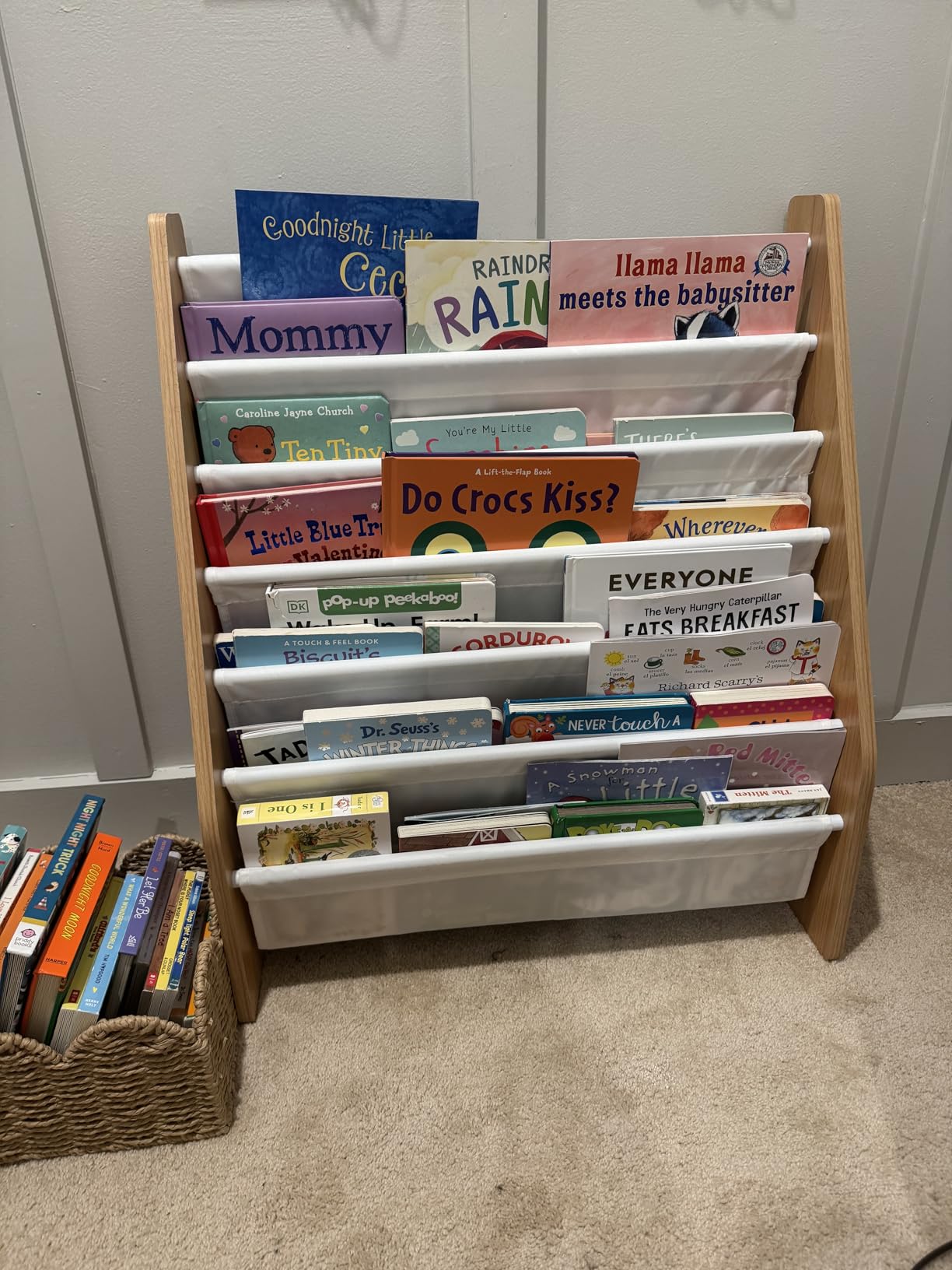 Humble Crew Kids Bookshelf, Montessori Front Facing Toddler Bookcase 4 Tier | Book display rack and reading nook organizer, nylon pockets show covers face out, compact for any playroom or bedroom space customer photo 1