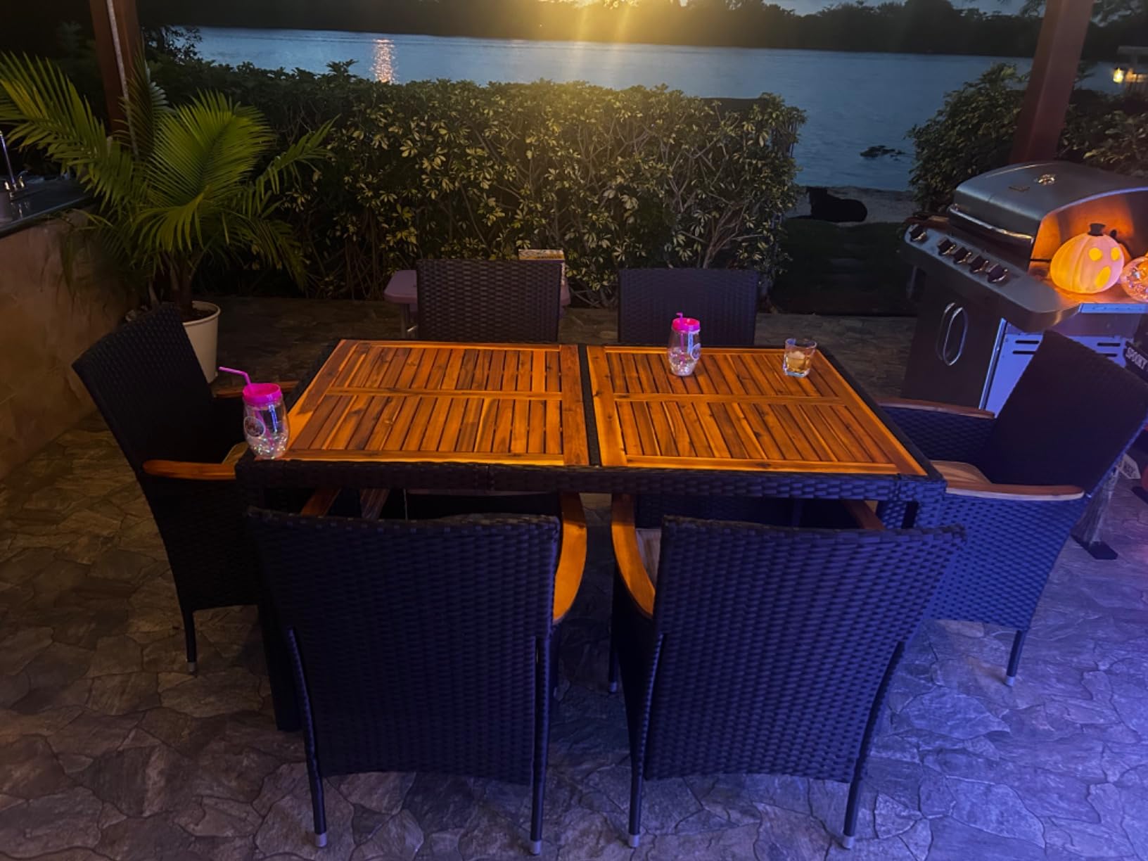 Devoko 7 PCS Acacia Wood Patio Dining Set, Black Rattan | Outdoor Patio Furniture Set, Patio Dining Table Set for 6, Patio Table and Chairs Set For Garden Backyard Pool Side customer photo 2