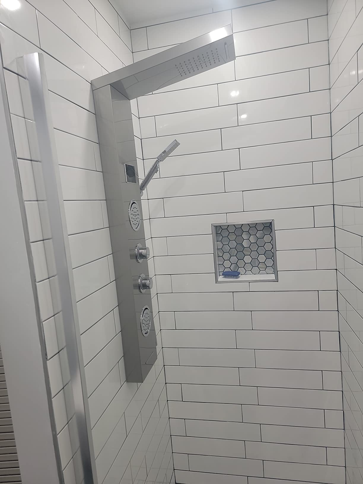 ROVATE 5-in-1 LED Rainfall Waterfall Shower Panel Tower Brushed Finish | No Battery Needed Digital Temperature Display, Powerful Body Massage Jets, Flexible Handheld and Tub Spout, Blue LED Knob customer photo 1