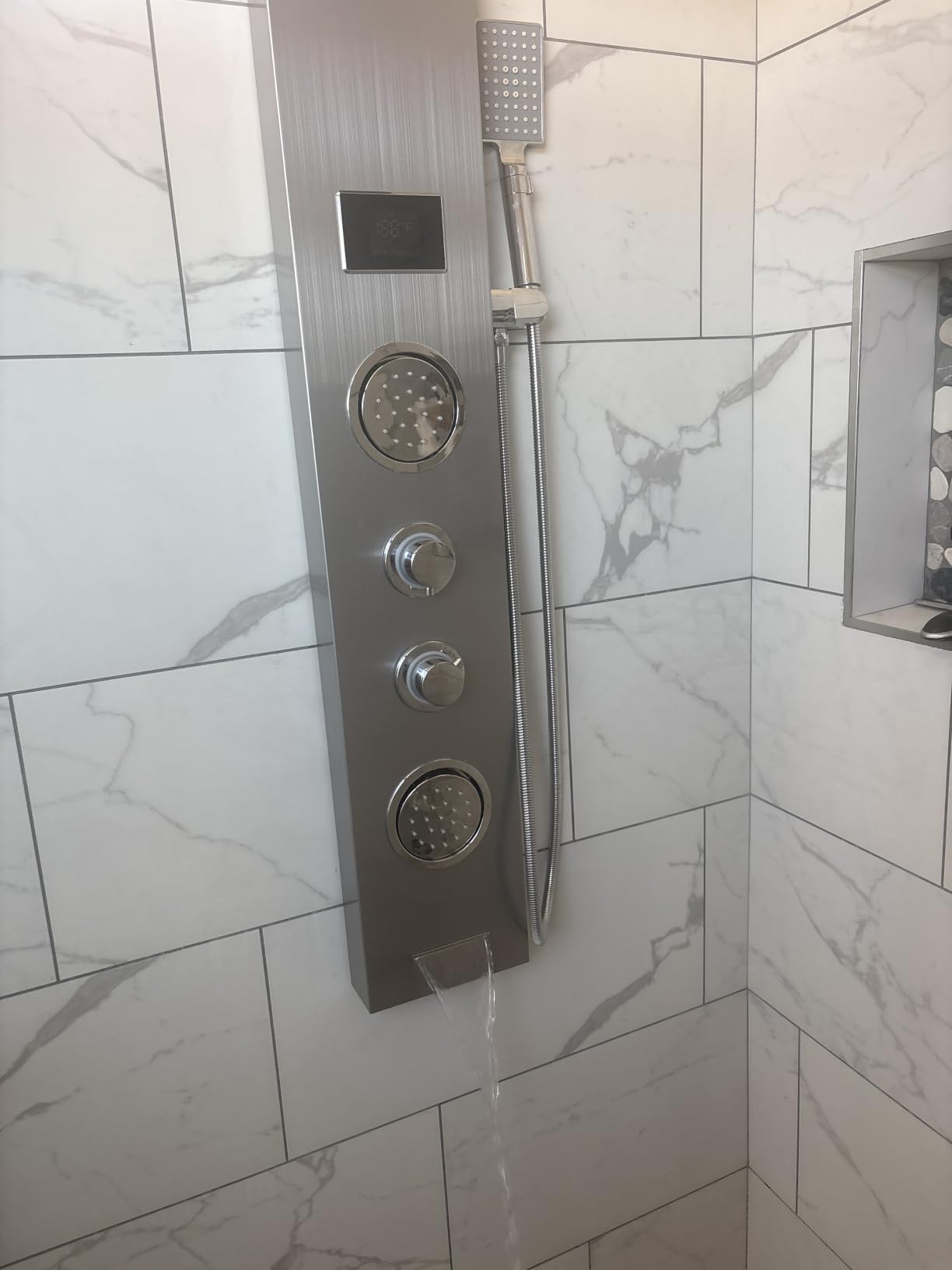 ROVATE 5-in-1 LED Rainfall Waterfall Shower Panel Tower Brushed Finish | No Battery Needed Digital Temperature Display, Powerful Body Massage Jets, Flexible Handheld and Tub Spout, Blue LED Knob customer photo 2