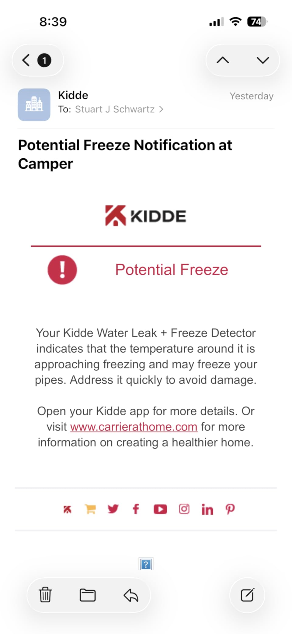 Kidde WiFi Water Leak Detector & Freeze Alarm, Alexa Device, Smart Leak Detector for Homes with App Alerts, White customer photo 1