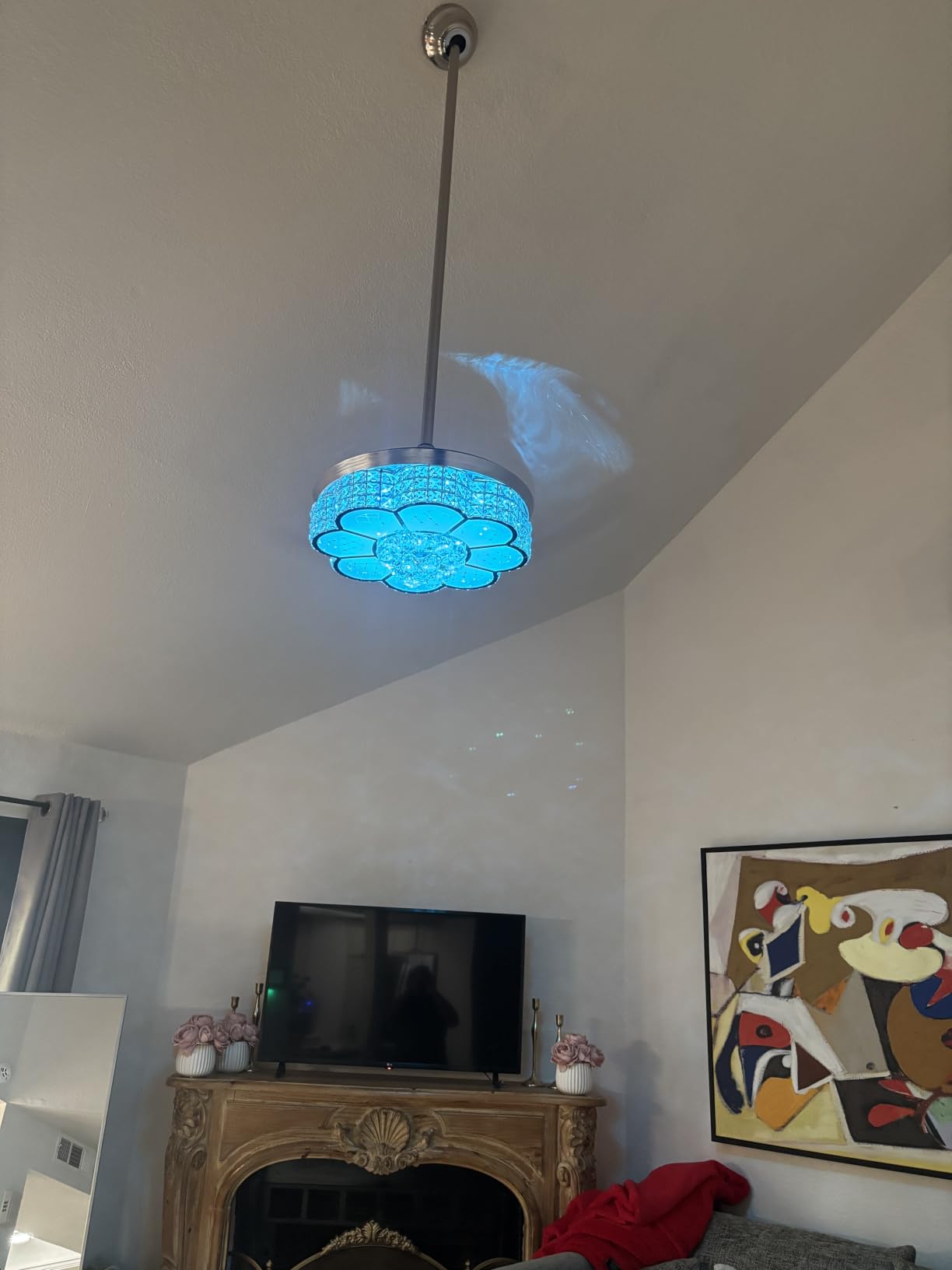 BAYSQUIRREL Retractable Ceiling Fan with Light and Remote/APP Control, Bluetooth Ceiling Fans with Speaker, RGB-LED Light 6 Speeds Reversible Blades, Chandelier Crystal Ceiling Fan with Lights customer photo 1