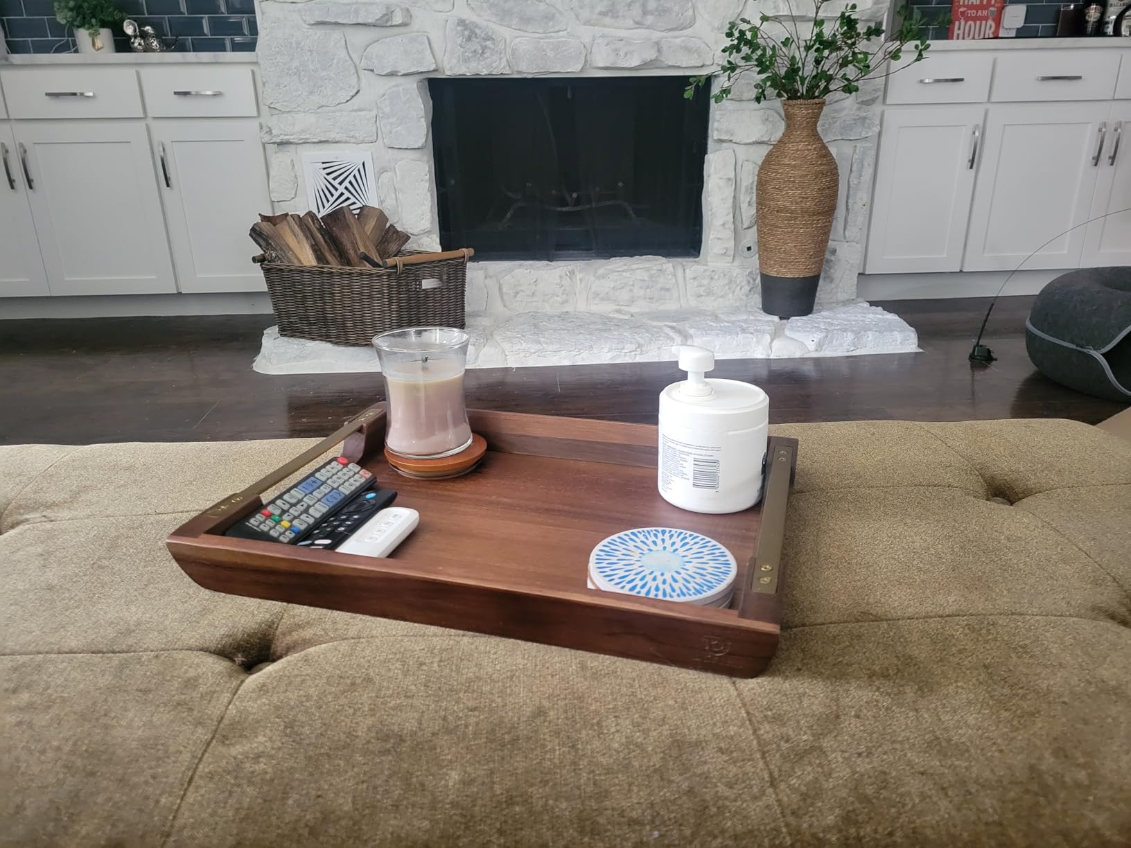 Acacia Wood Serving Tray with Metal Handle, 17x13in Tray for Ottoman customer photo 2