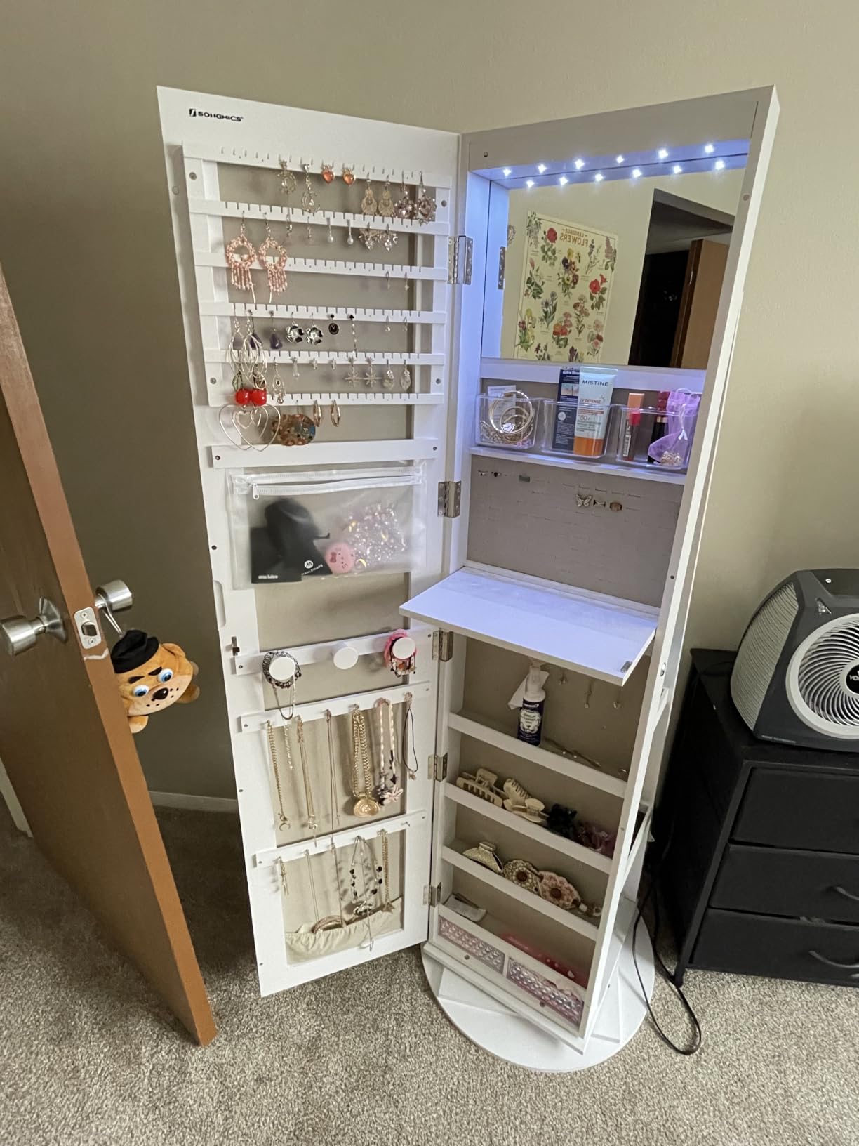 SONGMICS 6 LEDs Mirror Jewelry Cabinet Organizer, 360° Swivel, Lockable | Frameless Full-Length Mirror with Storage, Jewelry Armoire, 3 Storage Shelves, Rustic Brown Surface, Black Lining UJJC007X01 customer photo 1