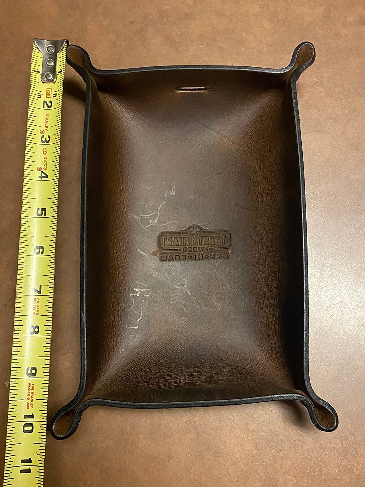 Main Street Forge Leather Valet Tray for Men – Rustic EDC Organizer for Keys, Phone & Wallet – Made in USA – Whiskey Barrel Brown customer photo 2