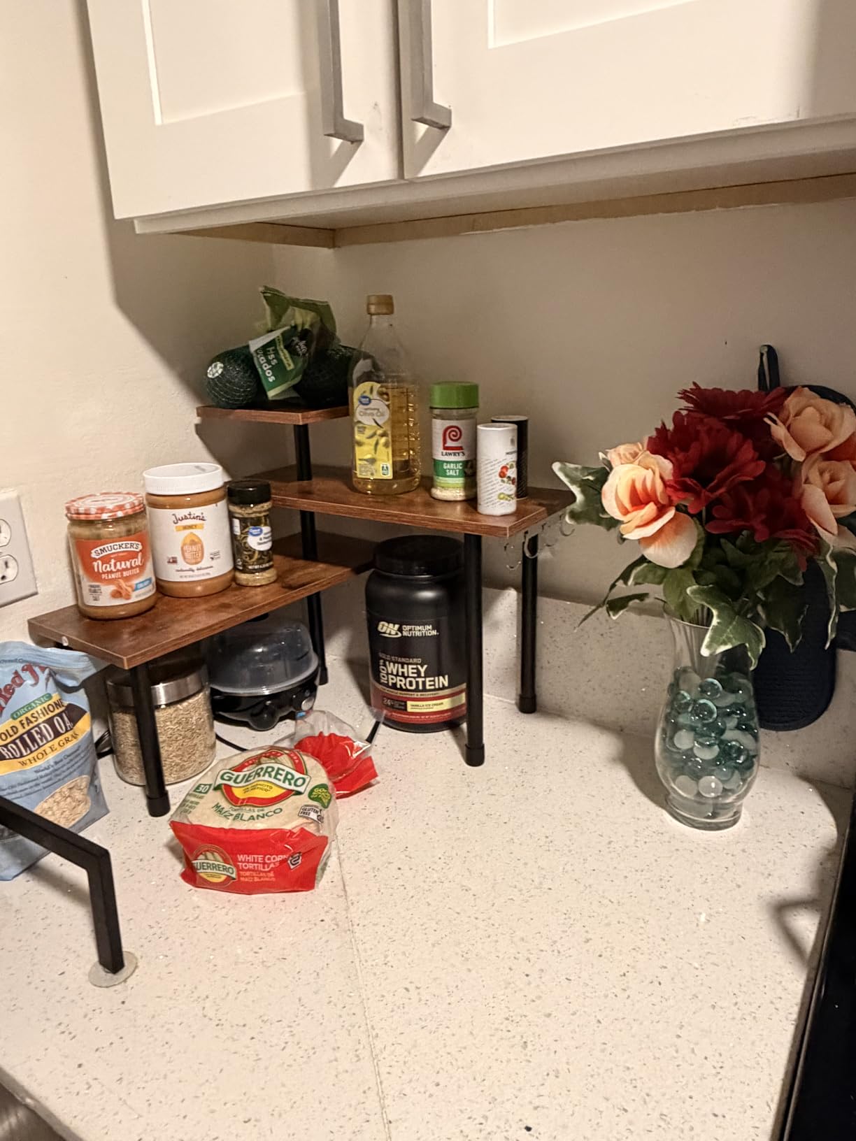 JayRex Kitchen Countertop Organizer 3-Tier Corner Shelf, Rustic Brown | Space-saving corner design organizes spices, skincare and toiletries on kitchen and bathroom counters. customer photo 2