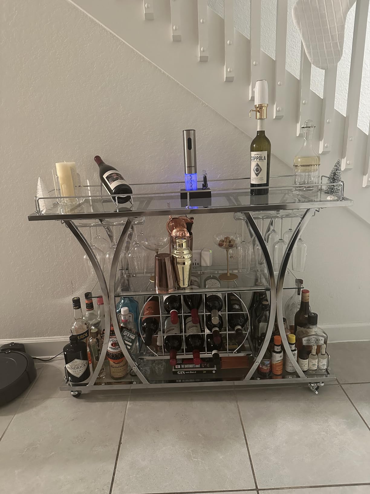 Silver Bar Carts with Glass Holders & Wine Rack, 3 Tier Home Bar Serving Carts with Glass Shelves, Metal Rolling Bar Carts for The Home Kitchen, Party customer photo 1