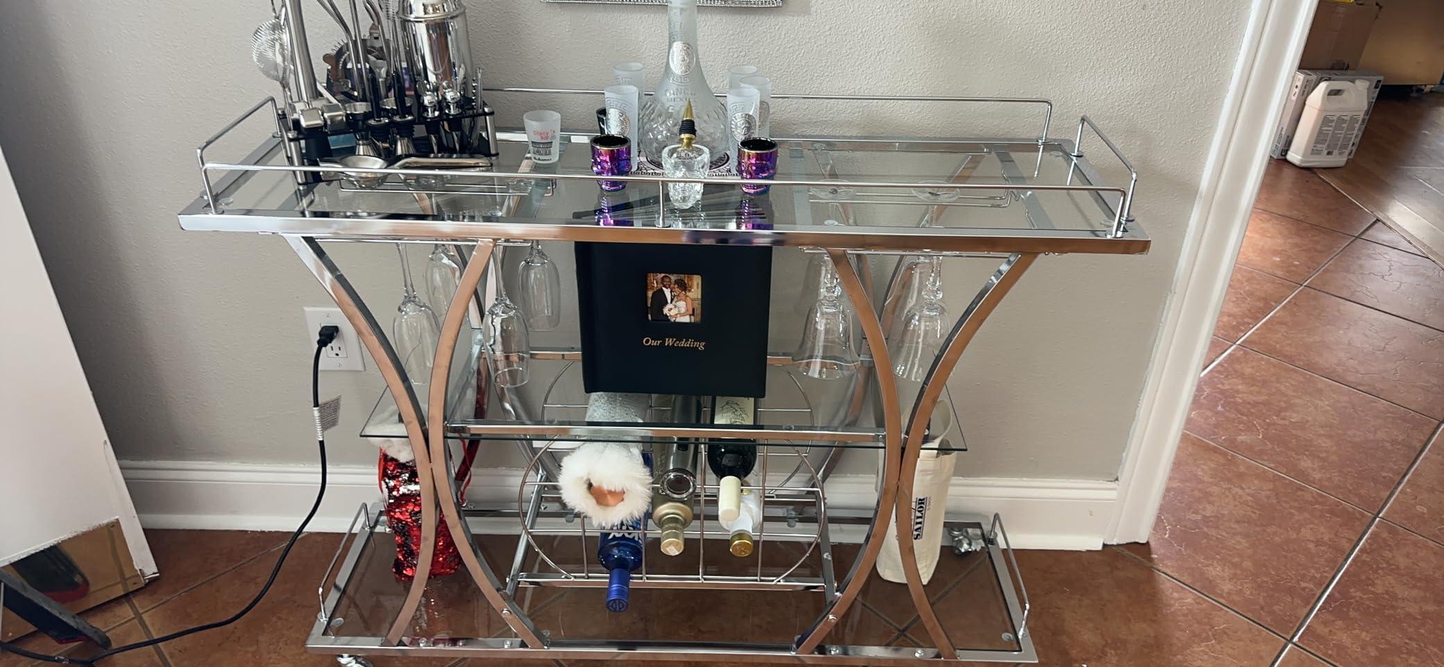 Silver Bar Carts with Glass Holders & Wine Rack, 3 Tier Home Bar Serving Carts with Glass Shelves, Metal Rolling Bar Carts for The Home Kitchen, Party customer photo 2