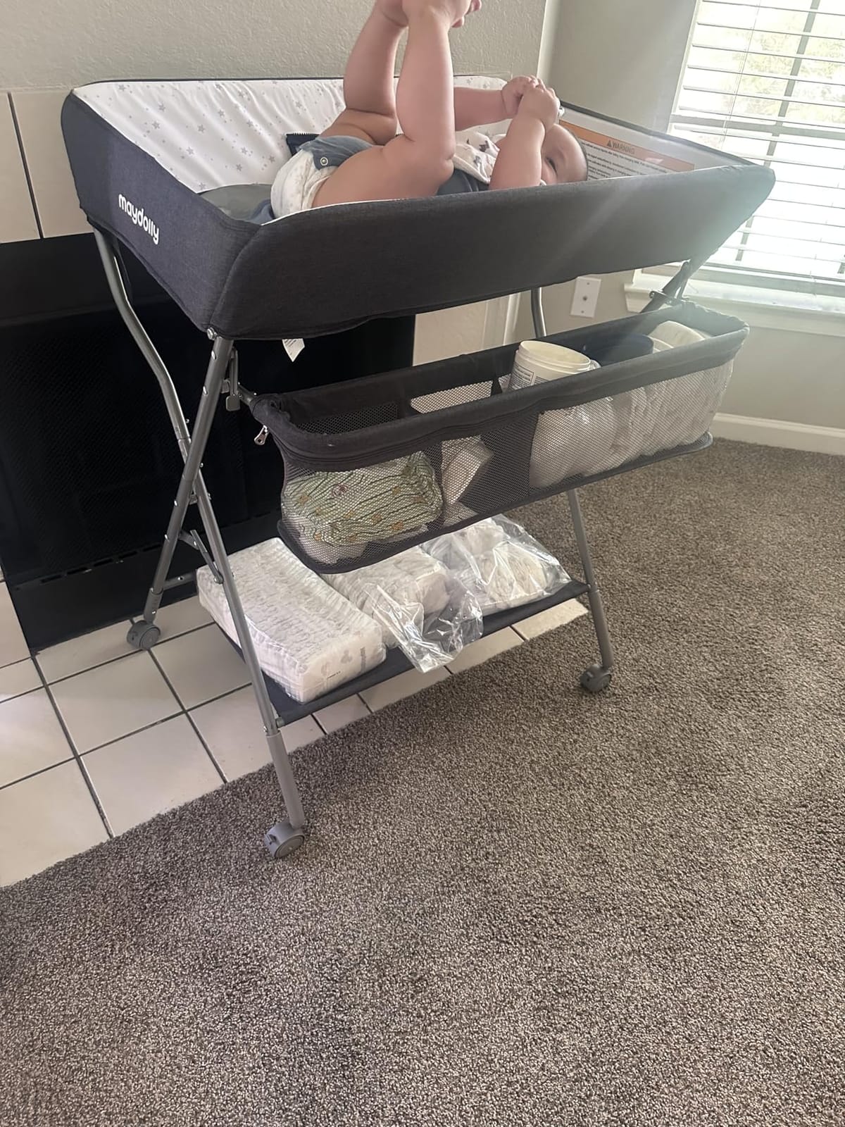 Baby Changing Table with Wheels, Maydolly Portable Adjustable Height Folding Diaper Station with Nursery Organizer & Storage Rack for Newborn Baby and Infant (Dark Grey) customer photo 1