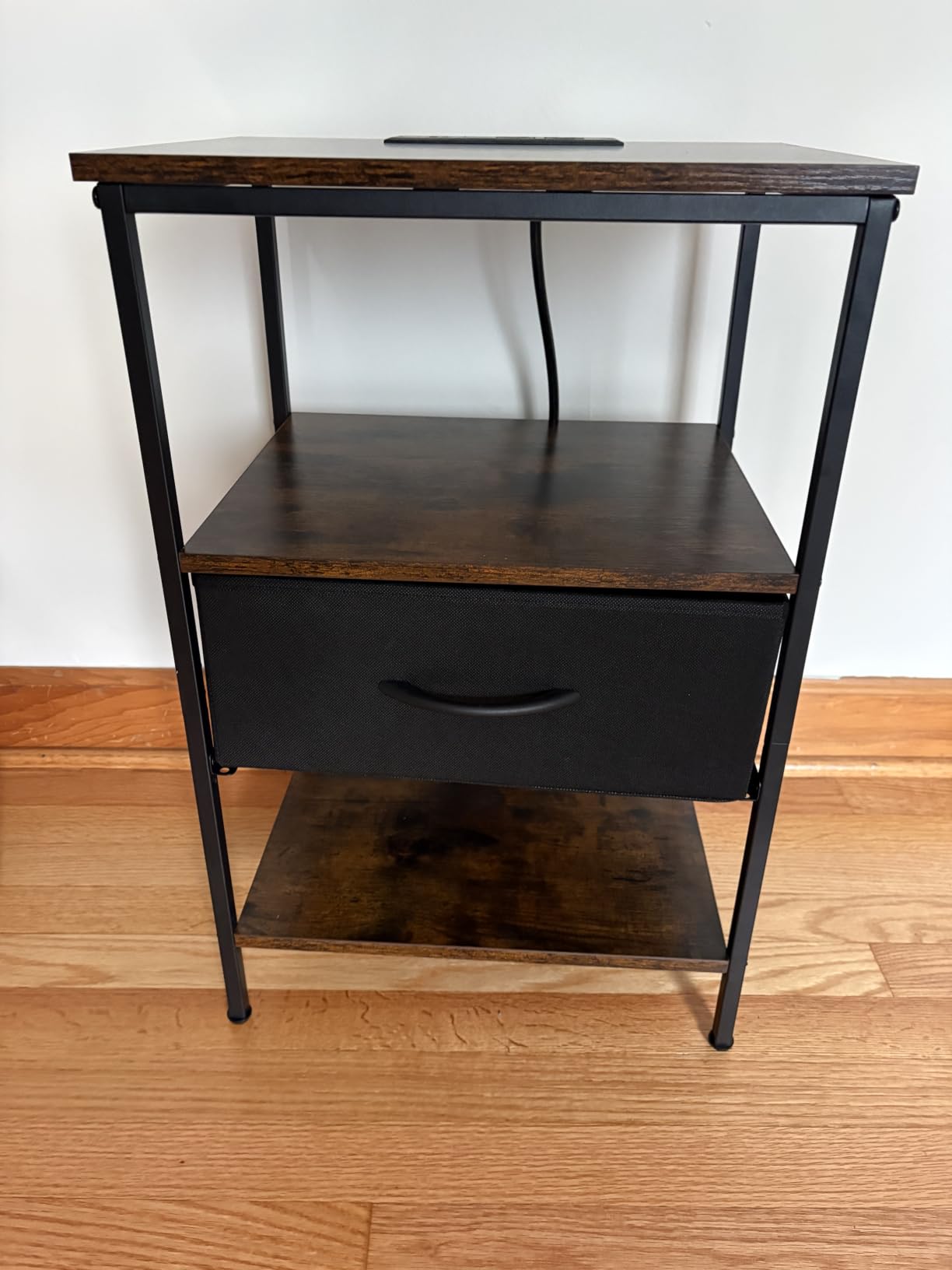 SUPERJARE Nightstand with Charging Station, USB-C Port, Bedside Table with Adjustable Fabric Drawer, 3-Tier Storage End Table, Rustic Brown & Black customer photo 1