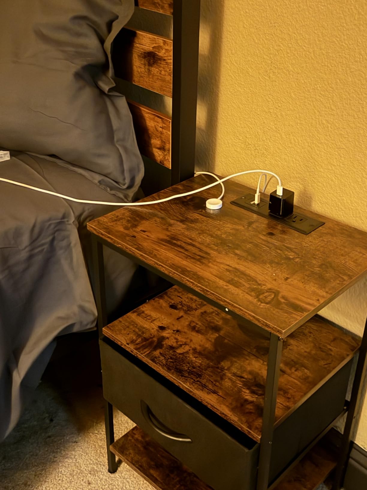 SUPERJARE Nightstand with Charging Station, USB-C Port, Bedside Table with Adjustable Fabric Drawer, 3-Tier Storage End Table, Rustic Brown & Black customer photo 2