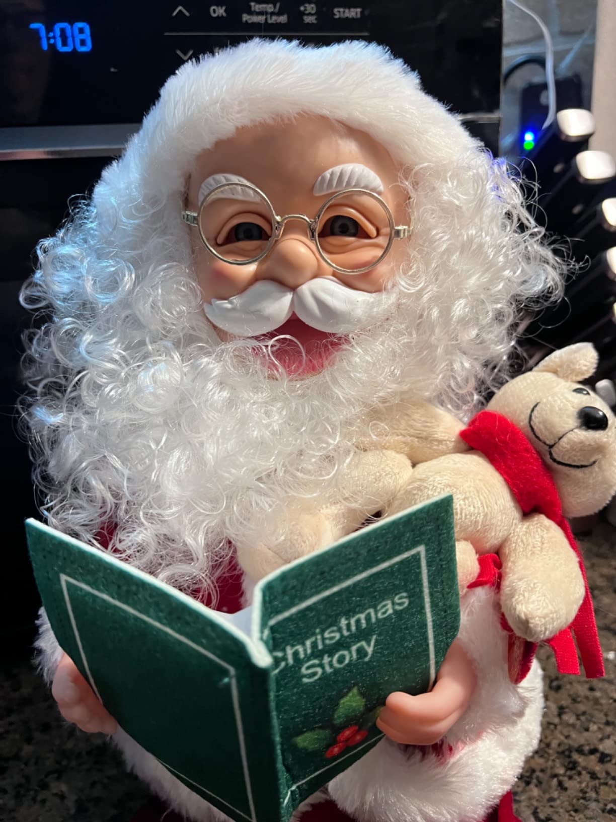 Santa Claus Christmas Animated Decoration Storytelling Plush Figurines, Talking Santa Christmas Animatronic Collectible Decor with Book, Bear, Mouth Move, Cute Xmas Sitting Figure Gift for Indoor customer photo 2
