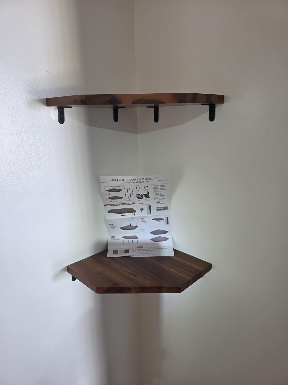 Demigo Corner Shelf Wall Mount, 2-Pack Acacia Wood Floating Corner Shelves, 11.8 x 16.5 in Wall Mounted Triangle Shelves for Bedroom, Living Room, Bathroom & Kitchen, Durable Storage Display Decor customer photo 1